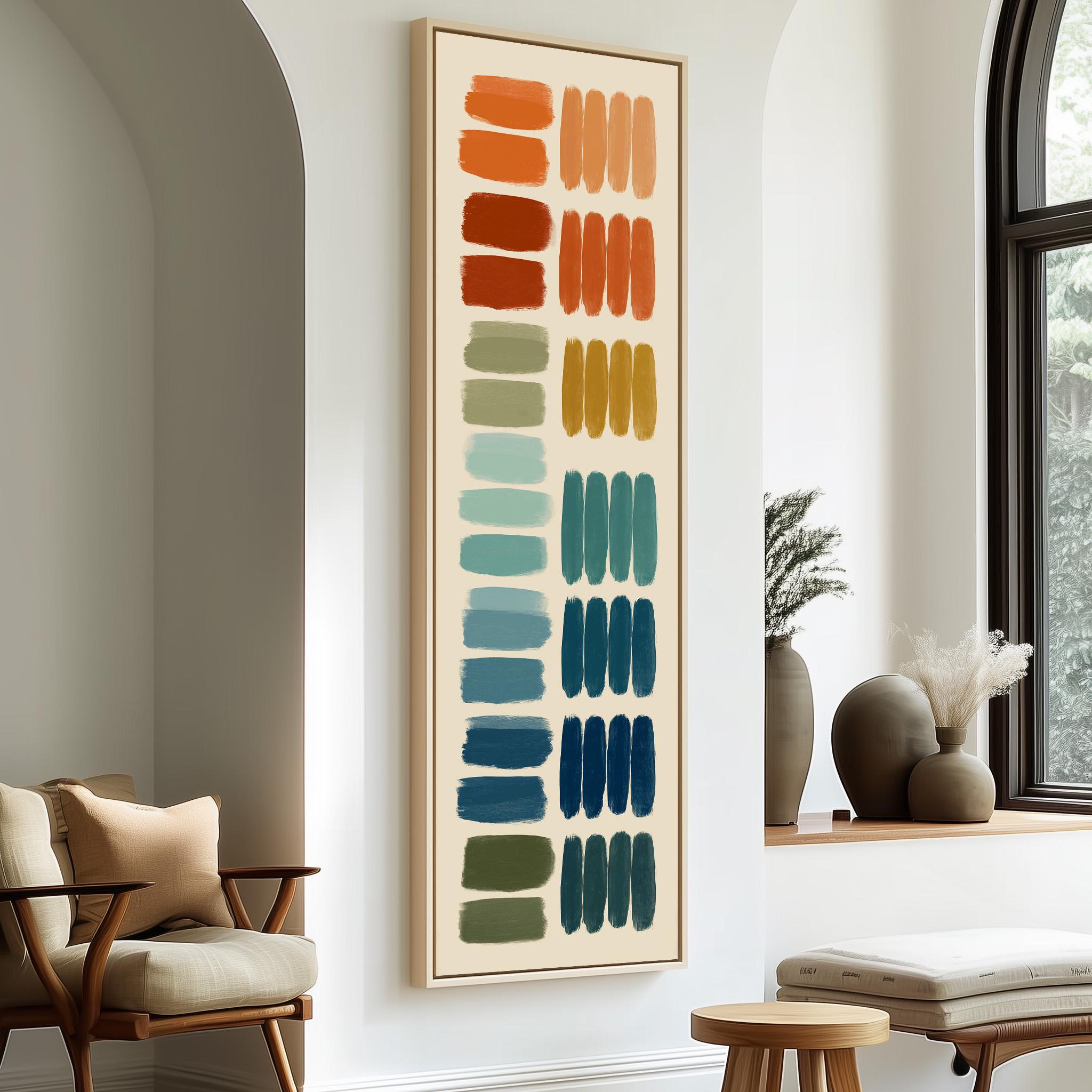 a modern living room with a large abstract painting hanging on the wall. The painting consists of various colored strokes arranged in a vertical line, creating a vibrant and dynamic visual effect. The room is furnished with a wooden chair, a small table, and a window with a plant on the sill, adding a touch of nature and warmth to the space.