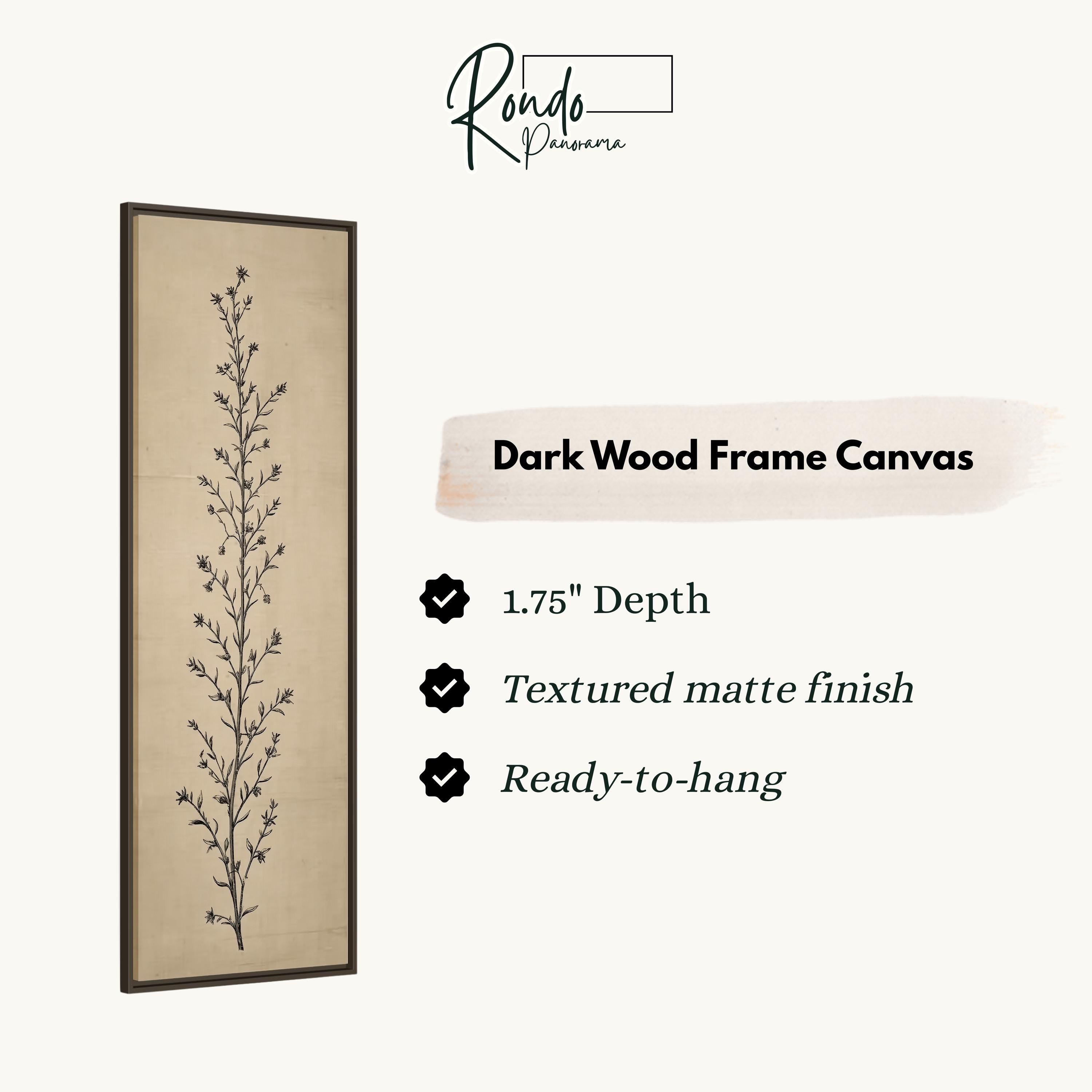 The image is a product description for a dark wood frame canvas. It features a vertical line drawing of a plant or flower on the left side and provides details about the canvas, including its 1.75" depth, textured matte finish, and ready-to-hang feature.