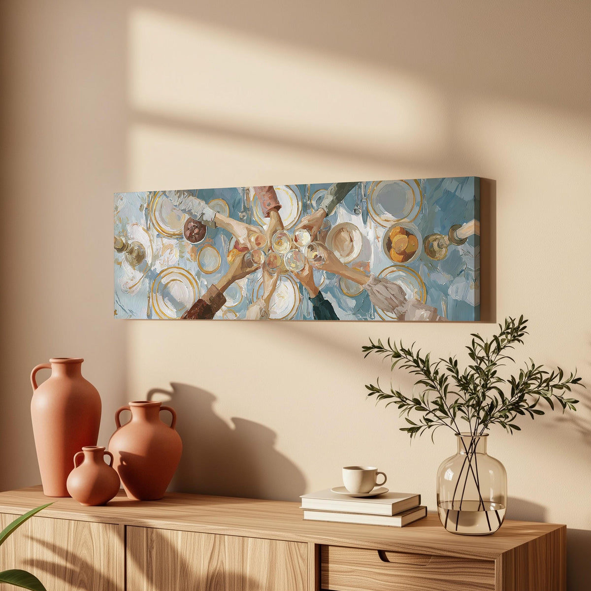 Elegant wine toast over a linen table long horizontal canvas print above a wooden sideboard