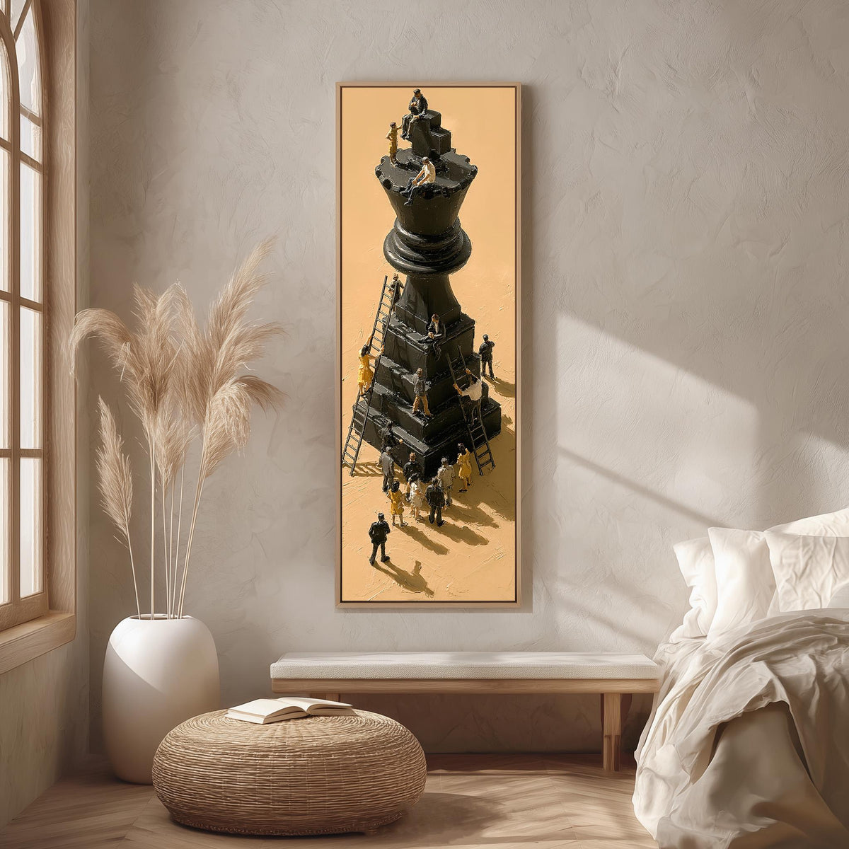 Tiny workers climbing a giant chess king long vertical canvas print in a bright reading corner