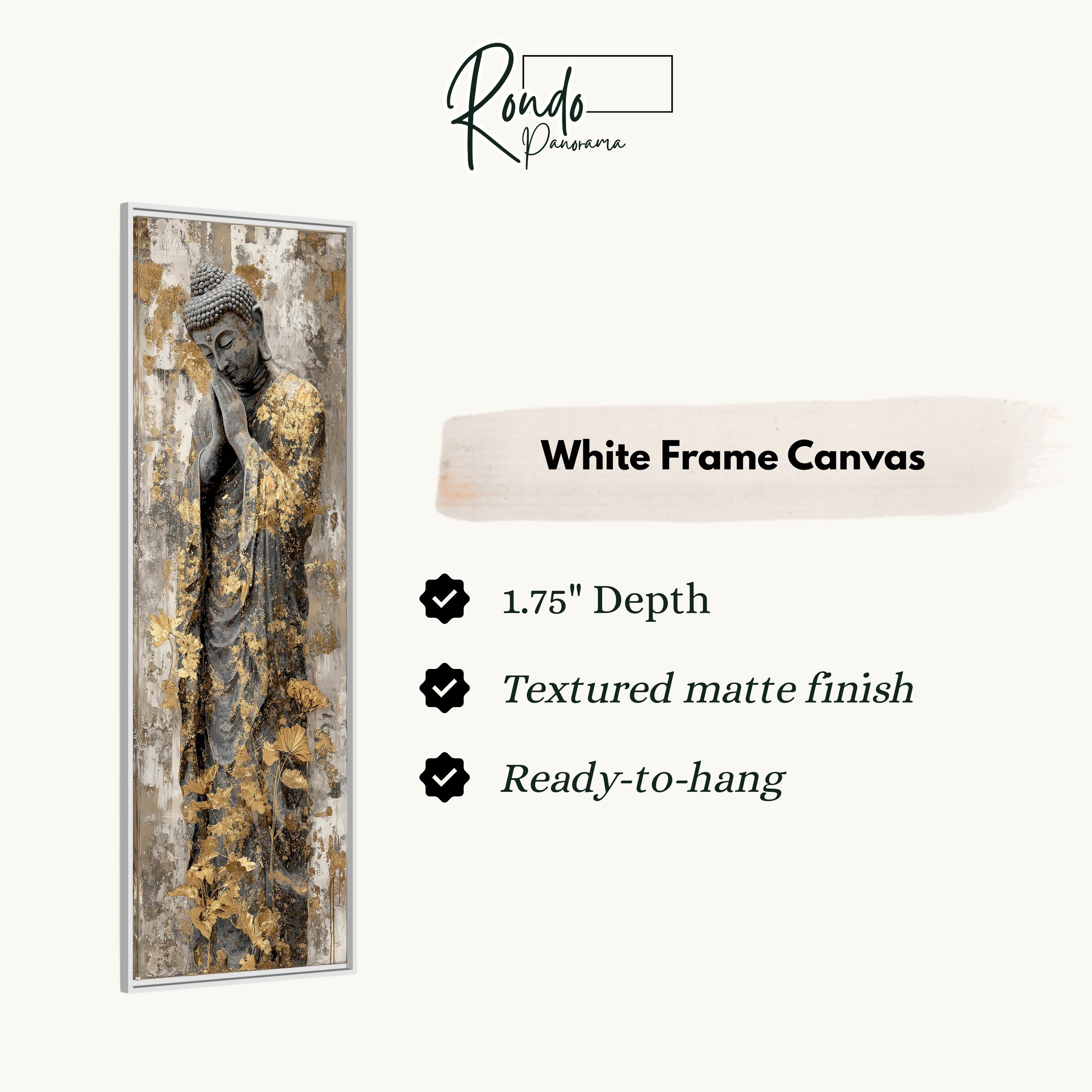 The image is a white frame canvas featuring a Buddha statue with a textured matte finish.