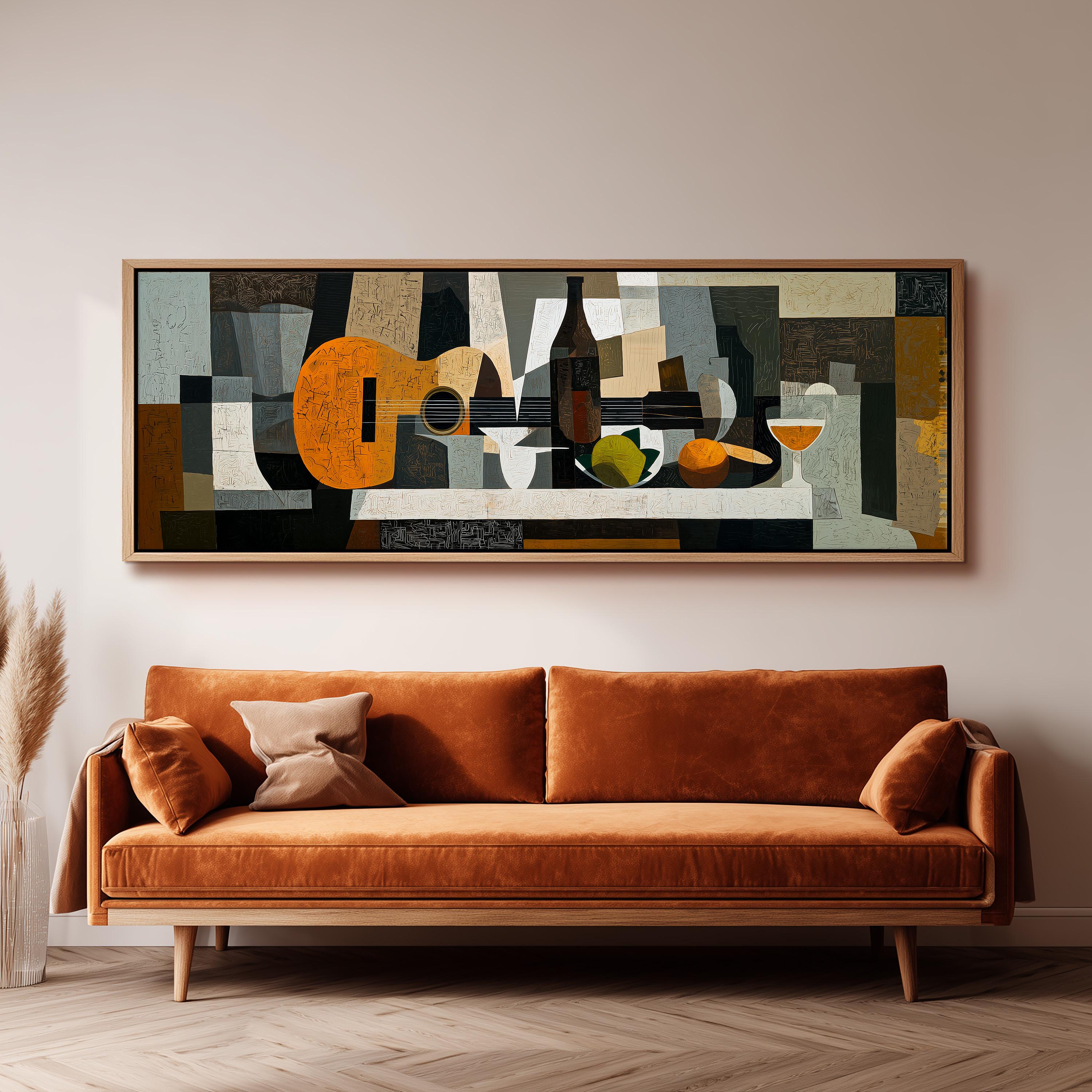 a large abstract painting hanging on a wall above a brown sofa in a living room setting.