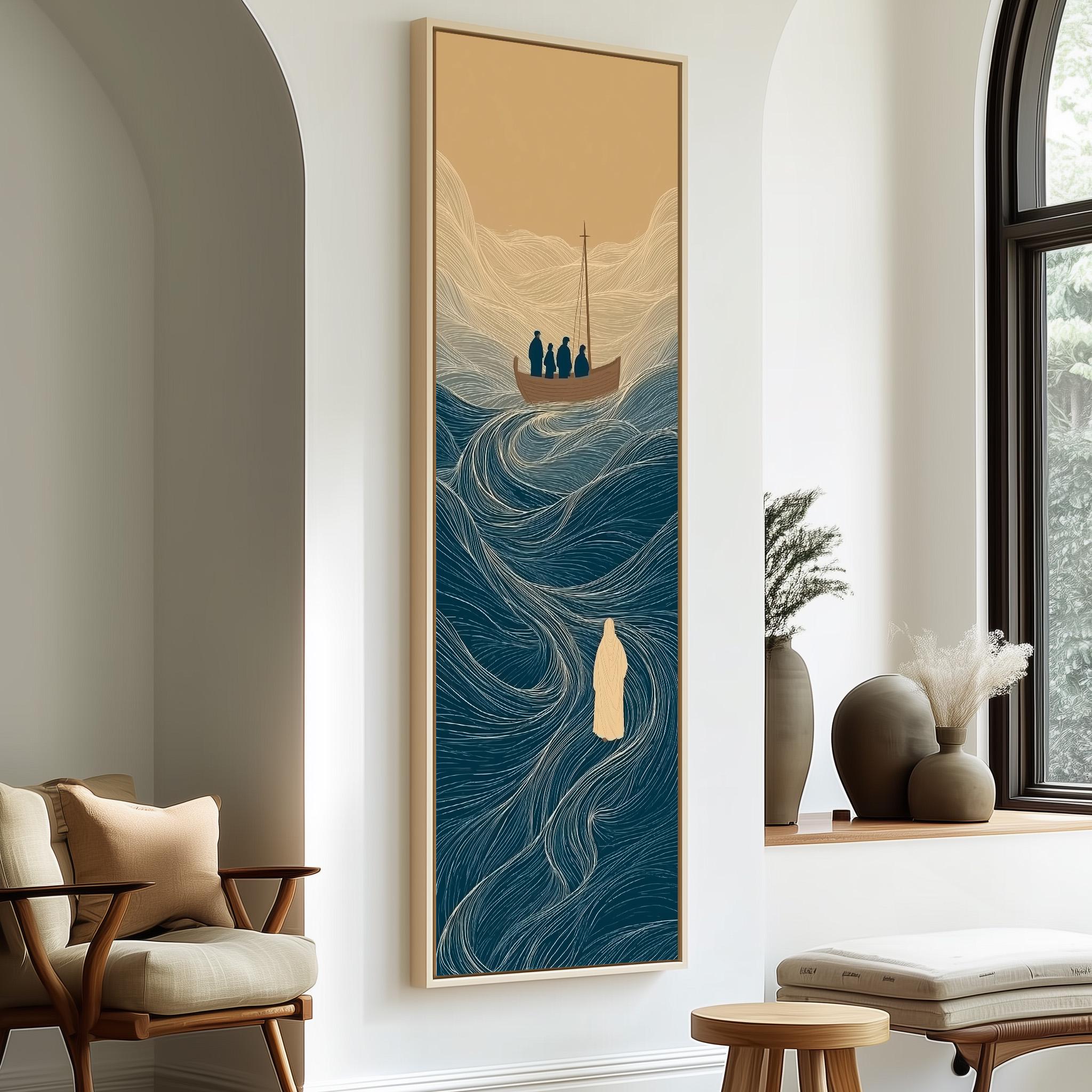 a large, framed artwork depicting a boat sailing on a blue ocean, with a group of people aboard the boat. The artwork is displayed on a wall in a room with a window and a chair.