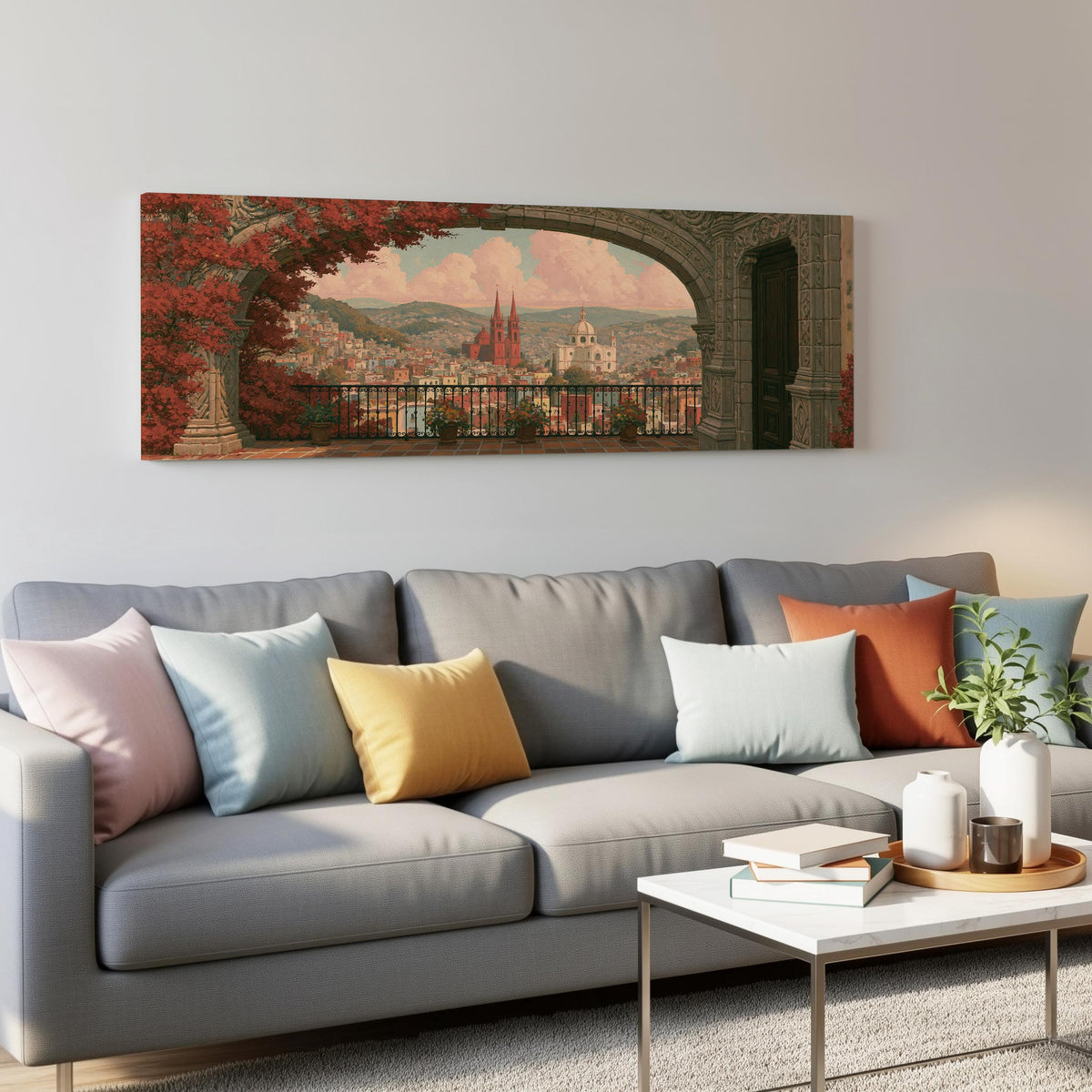 Old world city view through an archway panoramic canvas print above a grey sofa in a living room