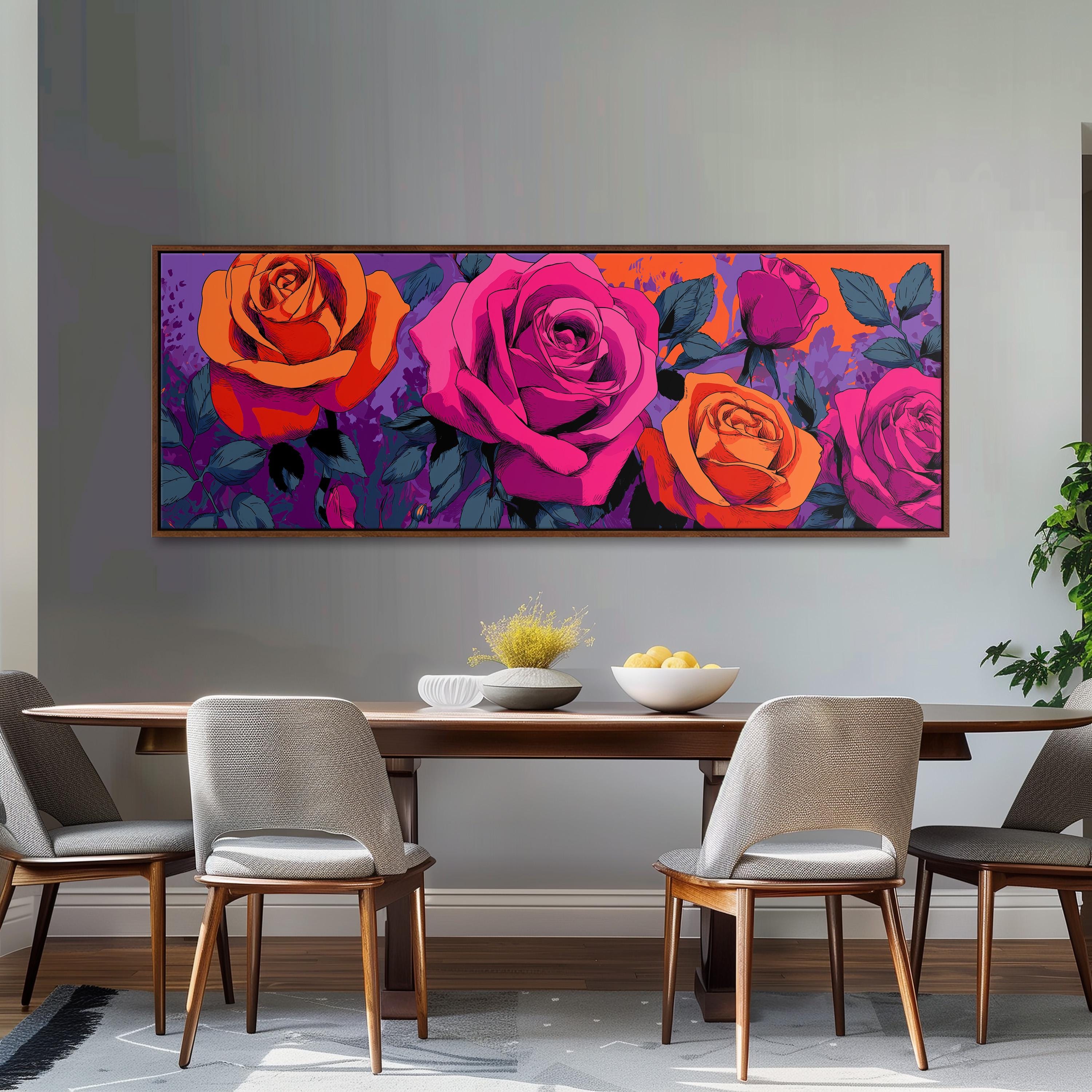 a dining room with a large, colorful painting of roses hanging on the wall above a wooden dining table with four chairs.