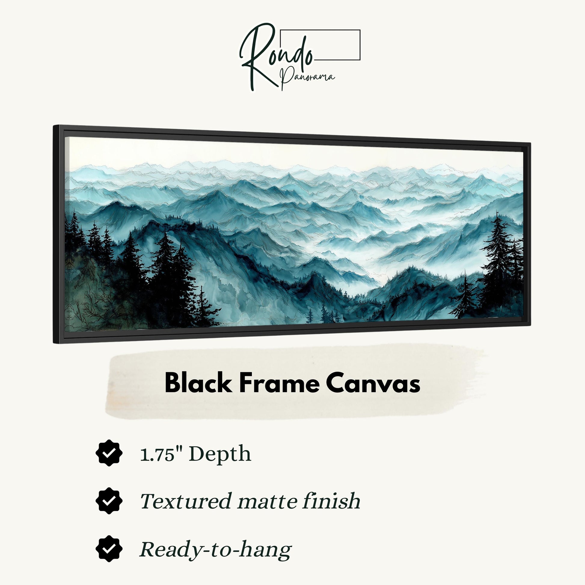 The image is a black frame canvas depicting a mountainous landscape with pine trees.
