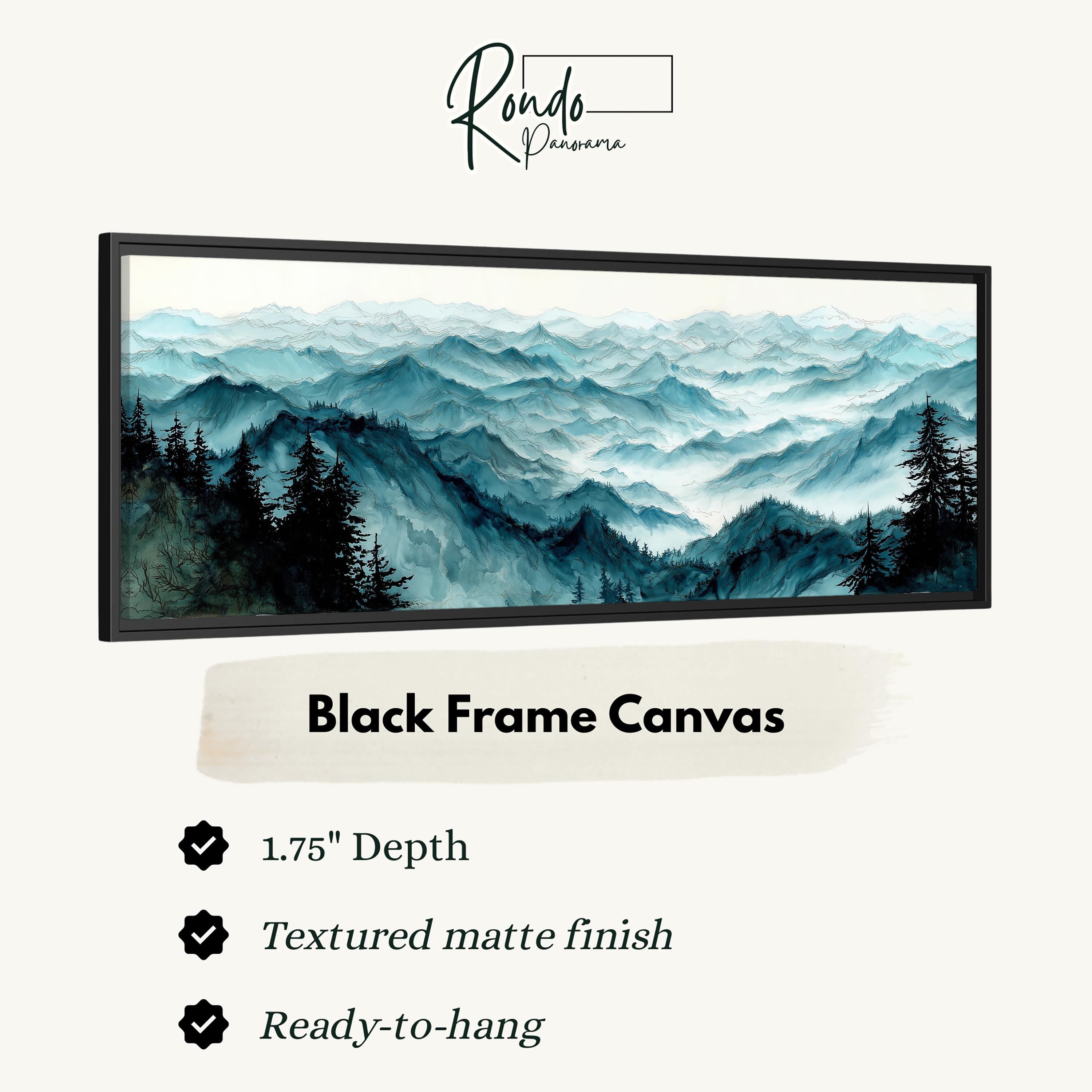 The image is a black frame canvas depicting a mountainous landscape with pine trees.