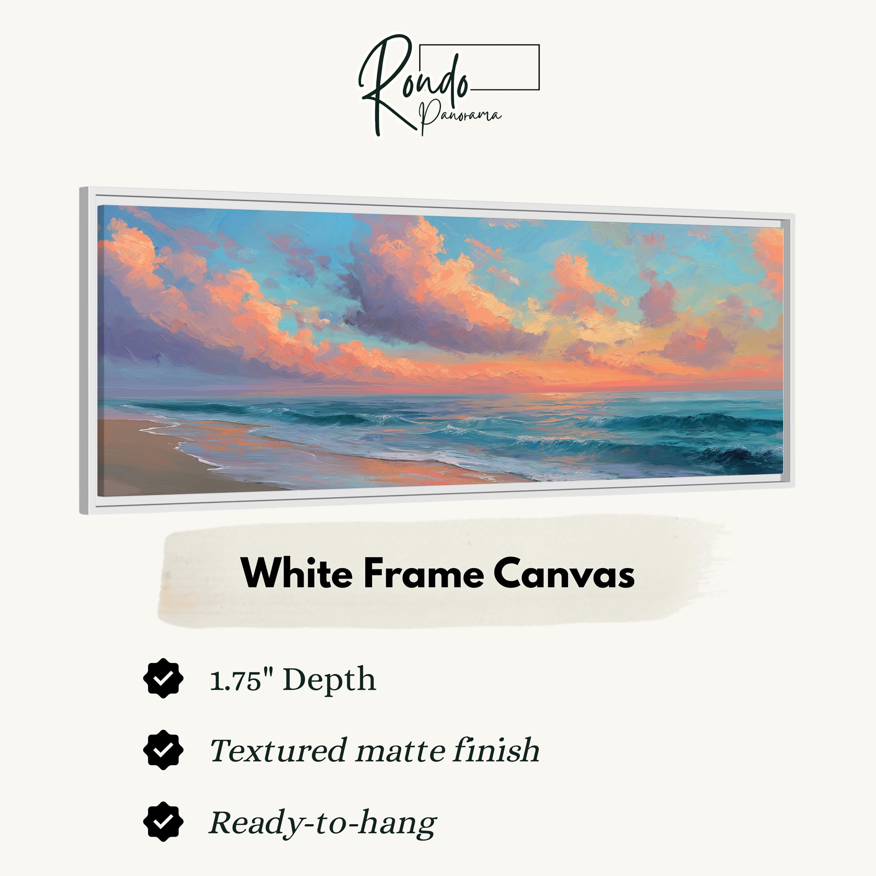 The image is a white frame canvas depicting a seascape with a sunset over the ocean.