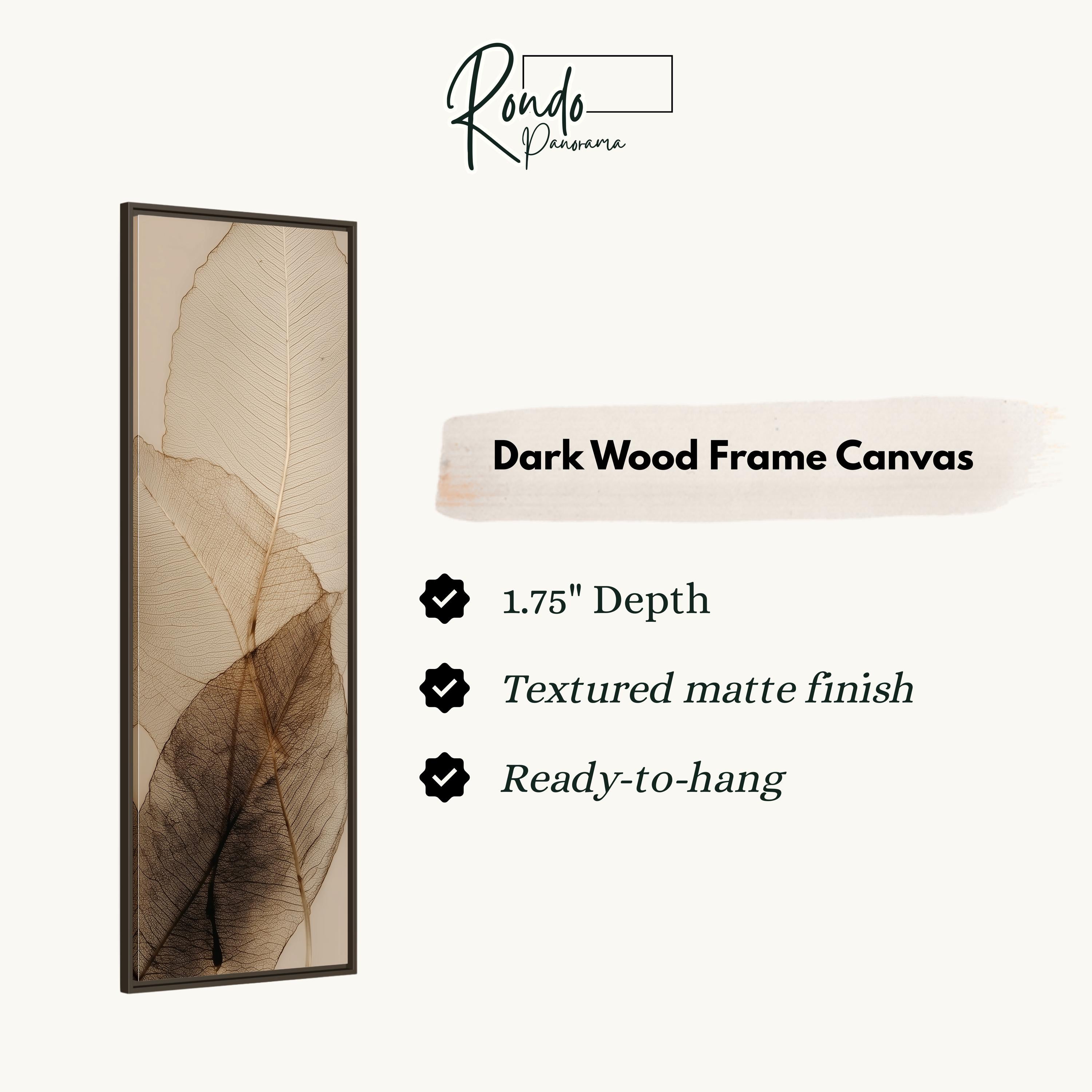 The image is a product description for a dark wood frame canvas. It features a close-up of a leaf with a textured finish and a 1.75" depth. The canvas is described as textured matte finish and ready-to-hang.