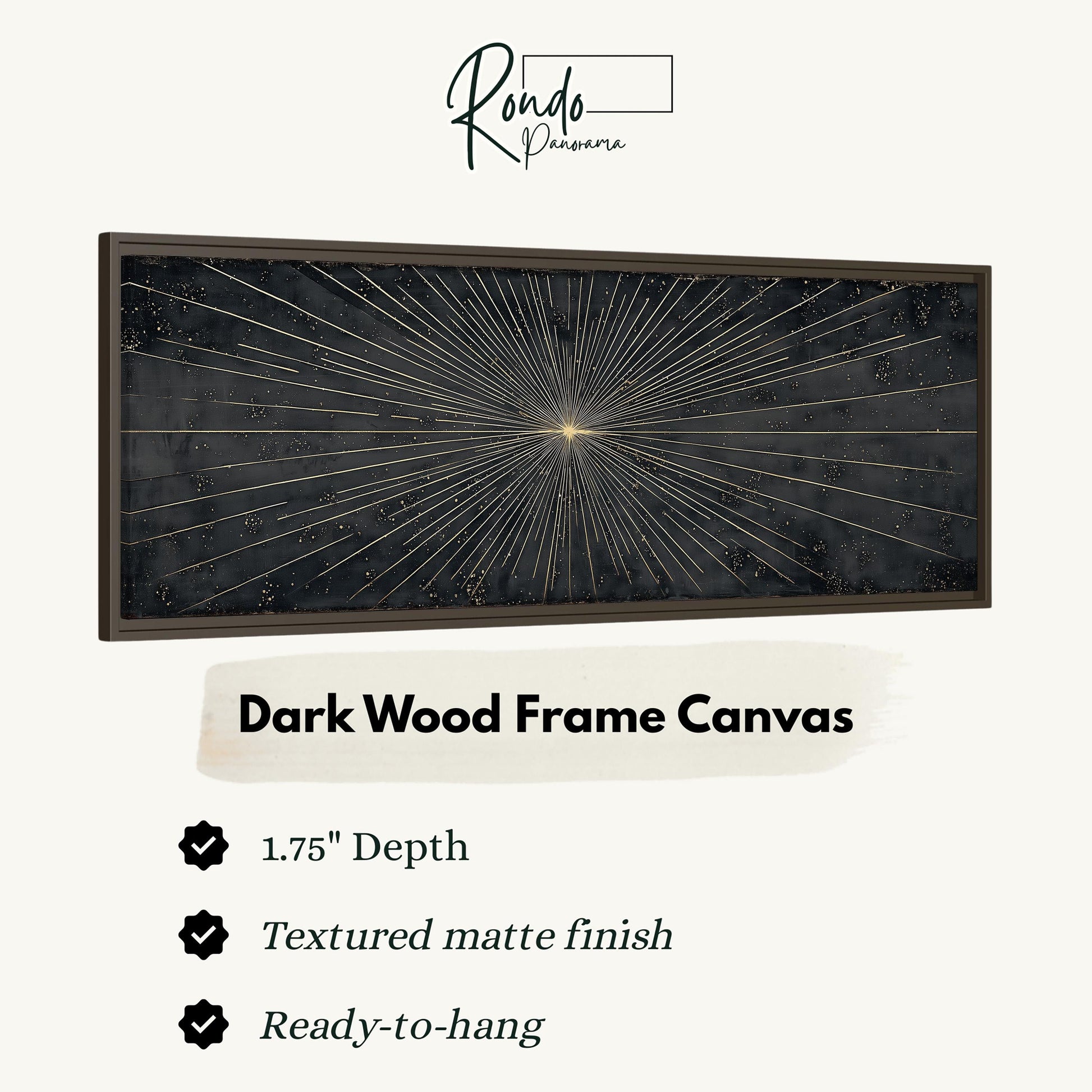 a dark wood frame canvas with a starburst design, and it is described as a 1.75" depth canvas with a textured matte finish and a ready-to-hang feature.