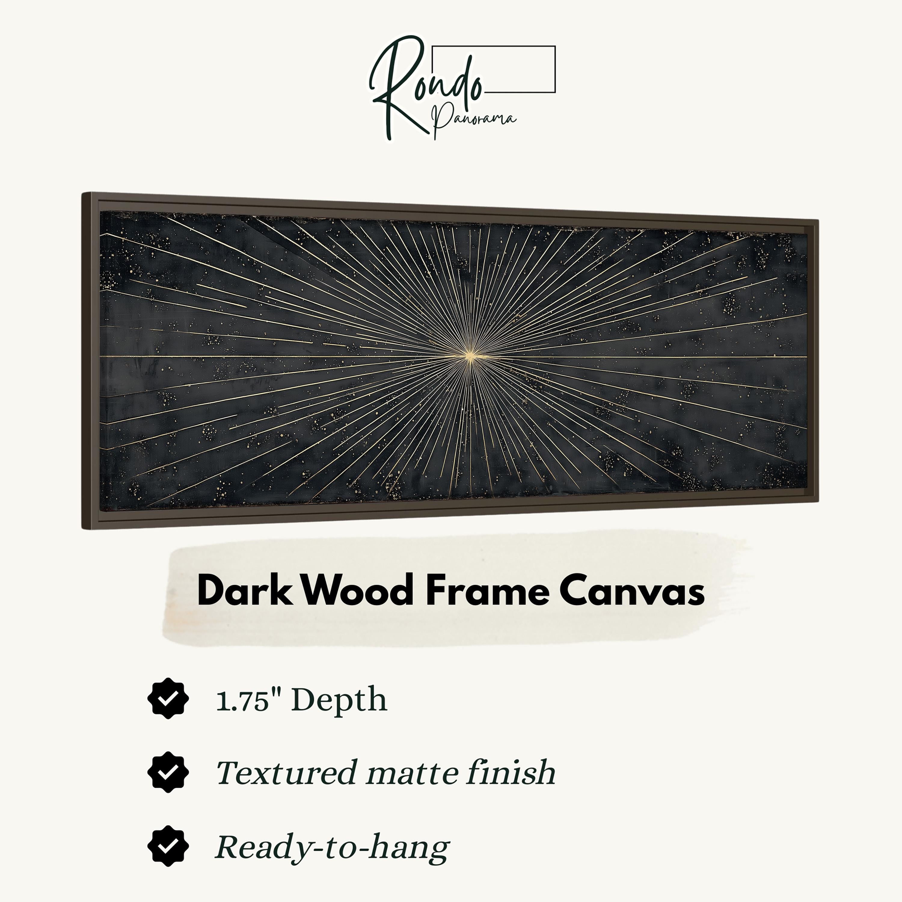 a dark wood frame canvas with a starburst design, and it is described as a 1.75" depth canvas with a textured matte finish and a ready-to-hang feature.