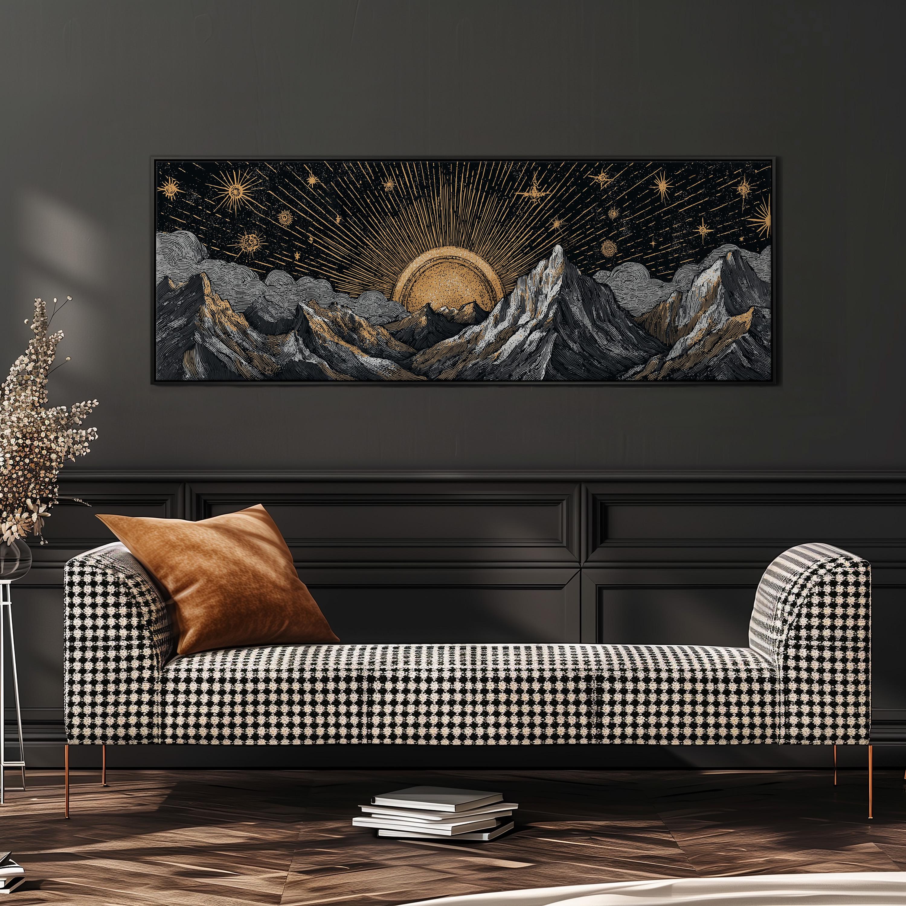 a large black and white checkered sofa with a brown throw pillow, positioned in front of a wall with a framed artwork depicting a mountain landscape under a starry sky.