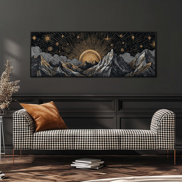 a large black and white checkered sofa with a brown throw pillow, positioned in front of a wall with a framed artwork depicting a mountain landscape under a starry sky.