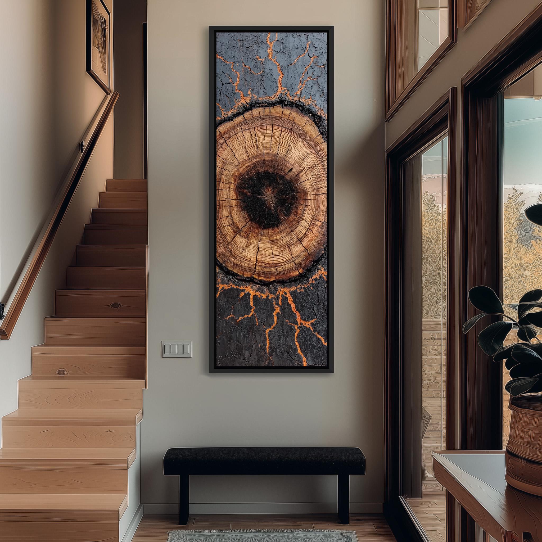 a wooden staircase with a large, striking tree trunk painting hanging on the wall above it. The painting has a striking contrast of orange and black, with a central circular design that draws the eye. The room also includes a bench and a potted plant, creating a cozy and inviting atmosphere.