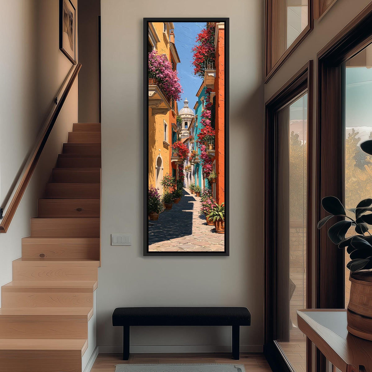 Colorful street with flowered balconies tall narrow canvas print beside a staircase in an entryway