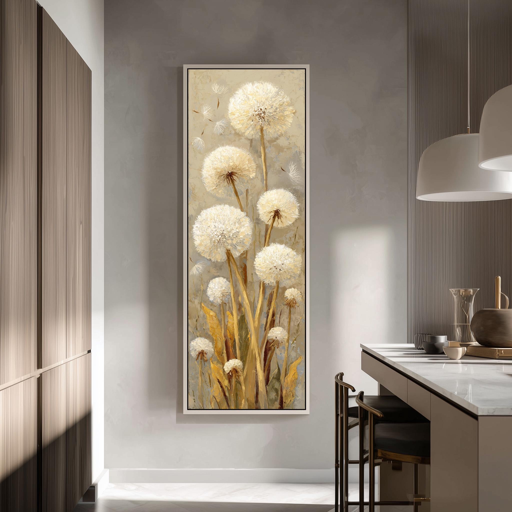 a large framed painting of dandelions hanging on a wall in a modern kitchen.