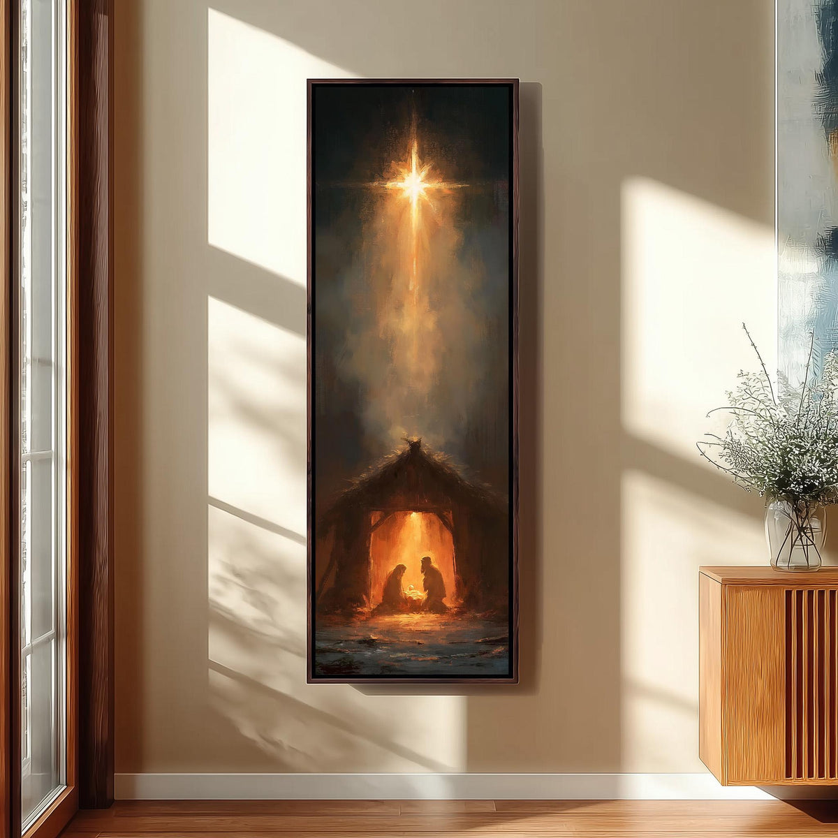 Star of Bethlehem shining over the manger tall narrow canvas print beside a staircase in an entryway