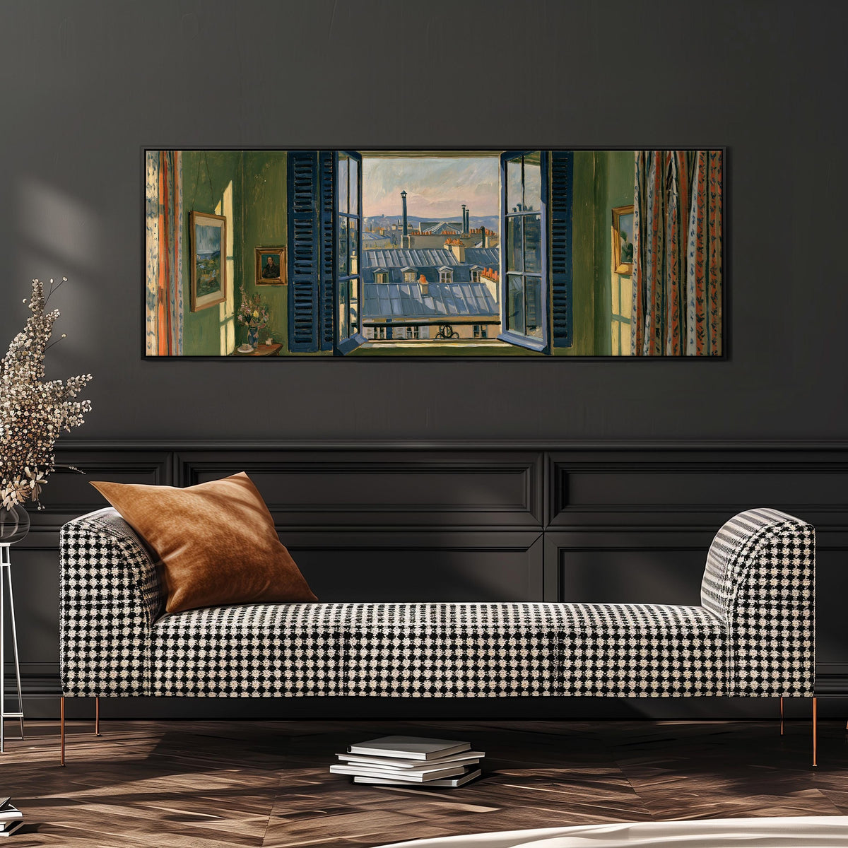 Paris zinc rooftops seen through a green room window wide panoramic canvas print above a bench in a dark living room