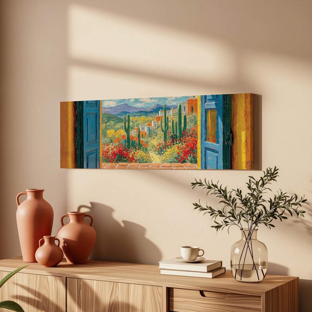 Cactus courtyard seen through blue doors long horizontal canvas print above a wooden sideboard