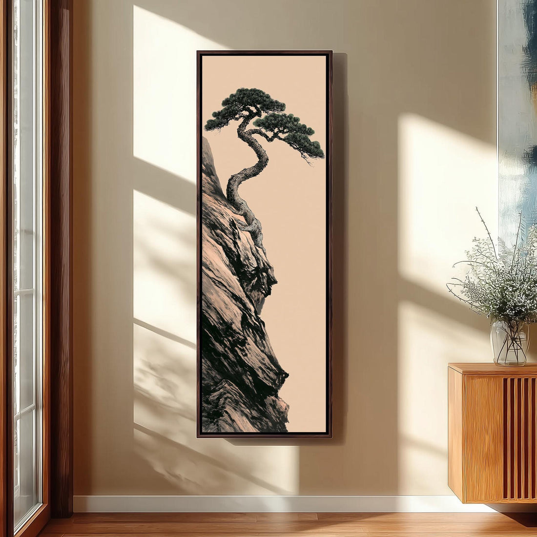 Pine tree growing from a cliff on blush long vertical canvas print in a sunlit living space