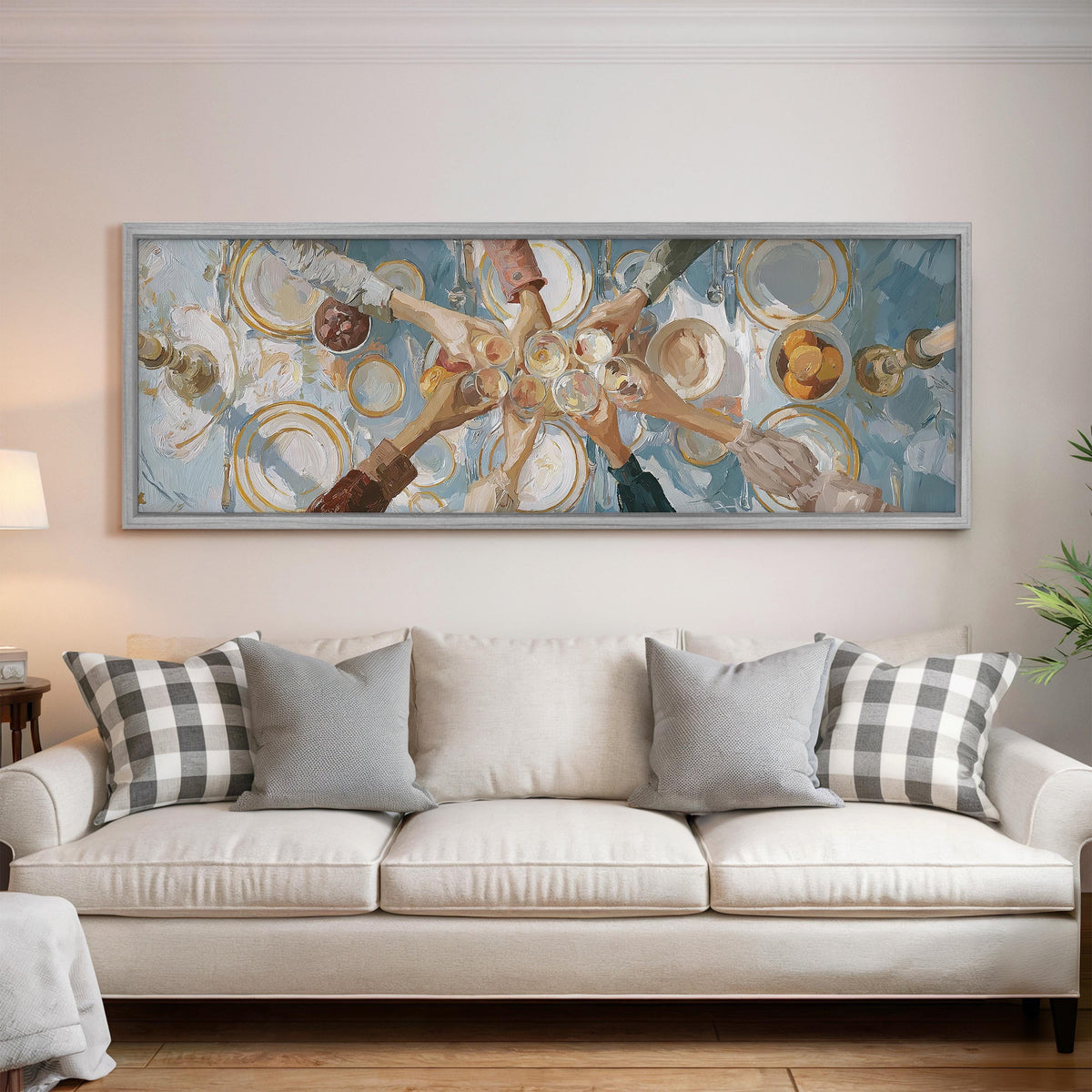 Elegant wine toast over a linen table panoramic canvas print above a white sofa in a bright living room
