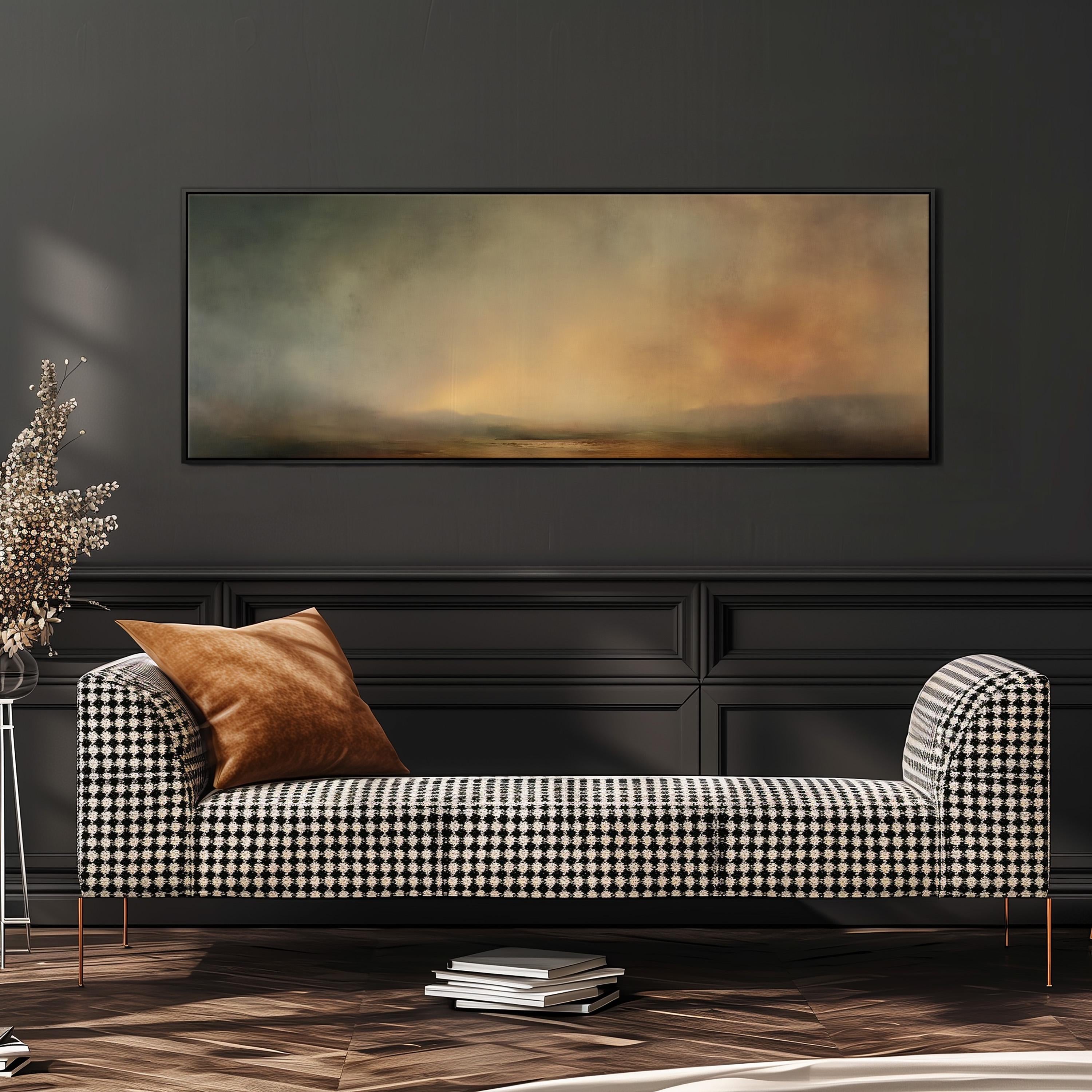 a modern living room with a black and white checkered sofa, a large abstract painting on the wall, and a stack of books on the floor.