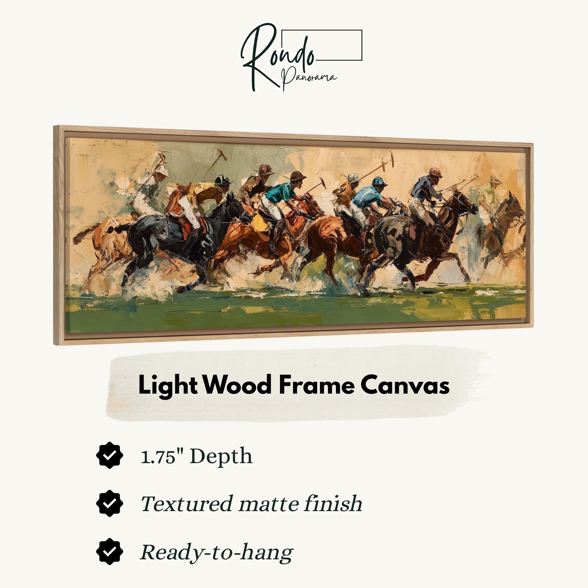 The image is a framed painting depicting a group of people riding horses, with a focus on the action and movement of the horses and riders.