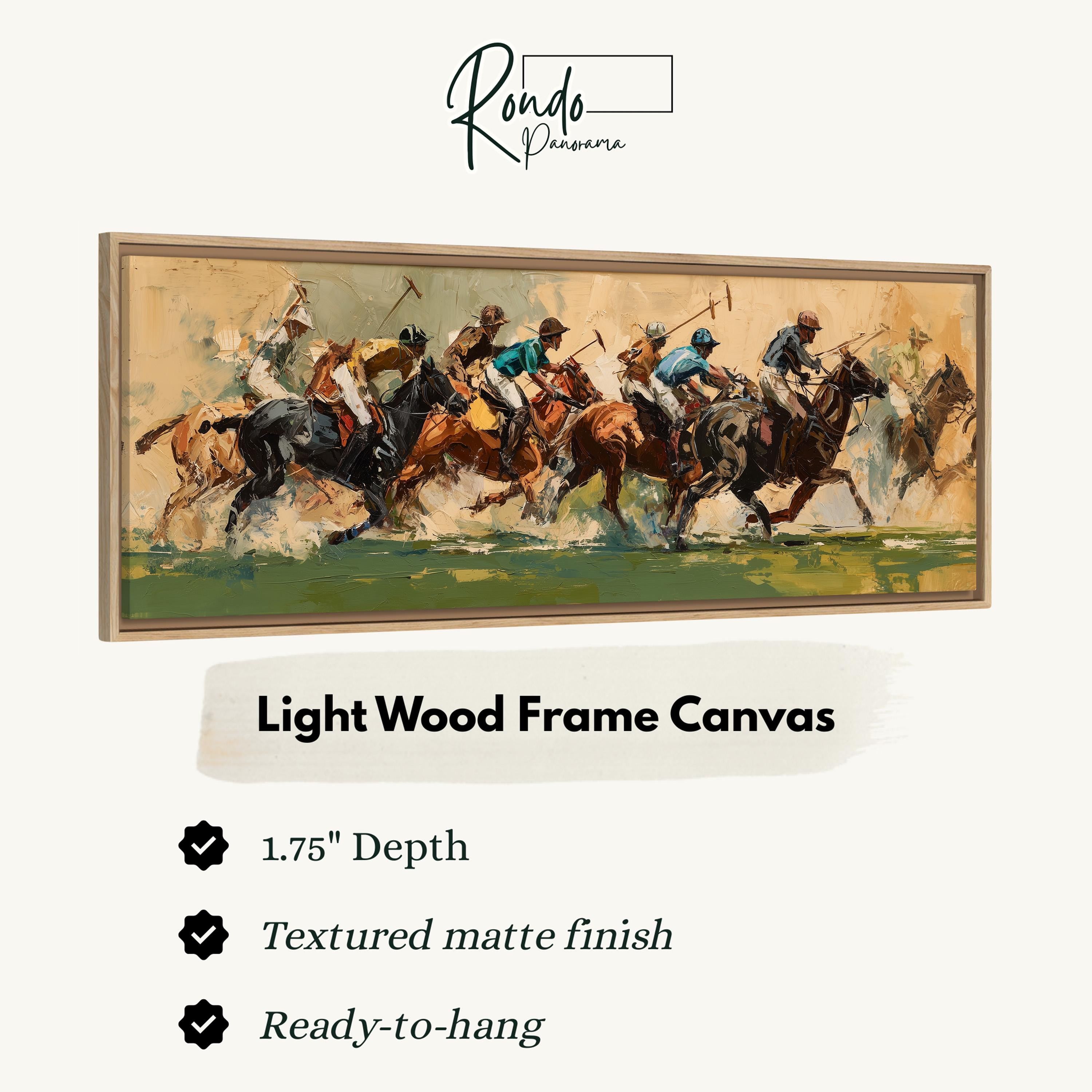 The image is a framed painting depicting a group of people riding horses, with a focus on the action and movement of the horses and riders.
