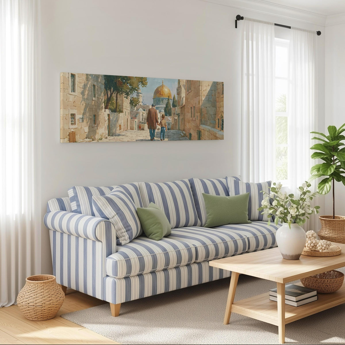 Jerusalem old city street with the golden dome long horizontal canvas print above a striped sofa in a coastal living room