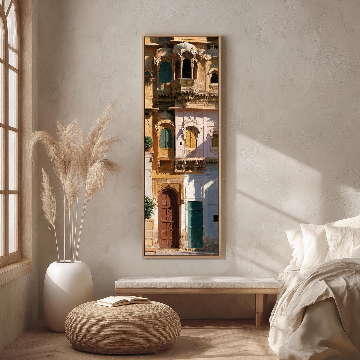Ornate sandstone palace facade with colorful doors long vertical canvas print in a bright reading corner
