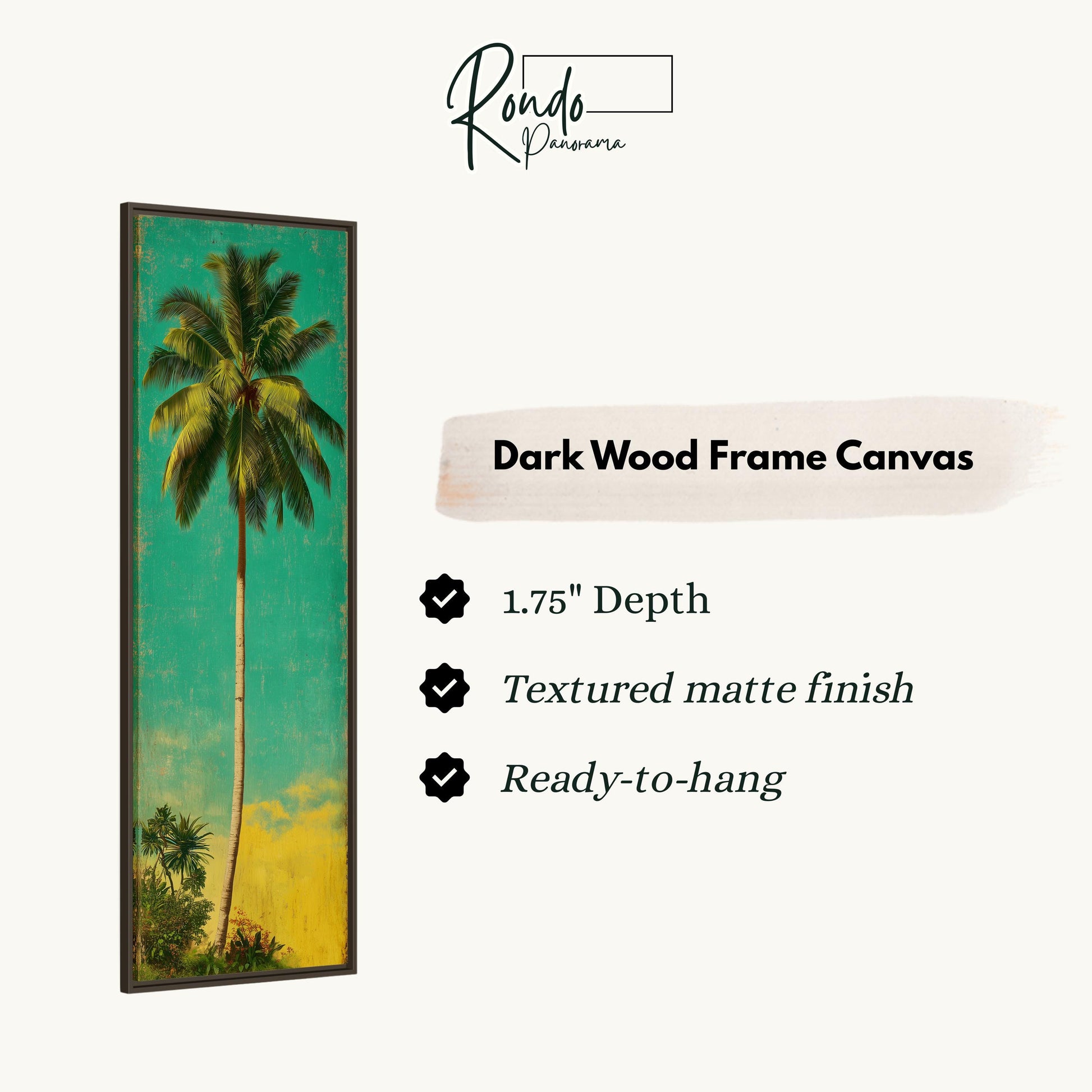 The image is a rectangular dark wood frame canvas depicting a palm tree with a green background.
