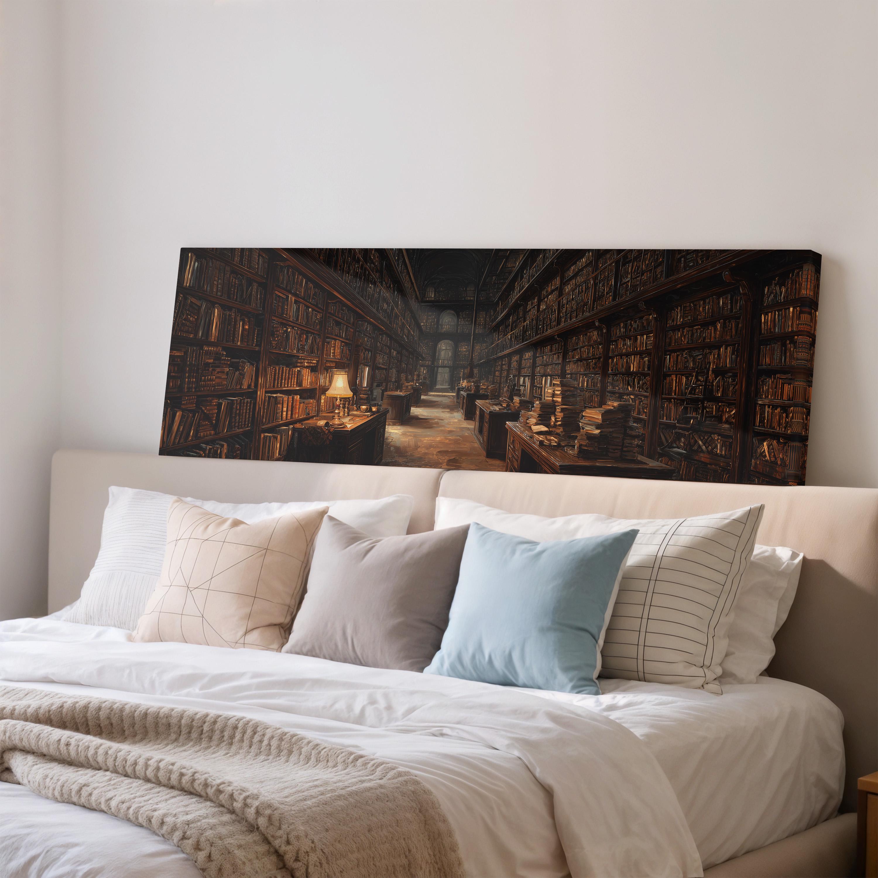 a cozy bedroom with a large bookshelf filled with books, creating a warm and inviting atmosphere.