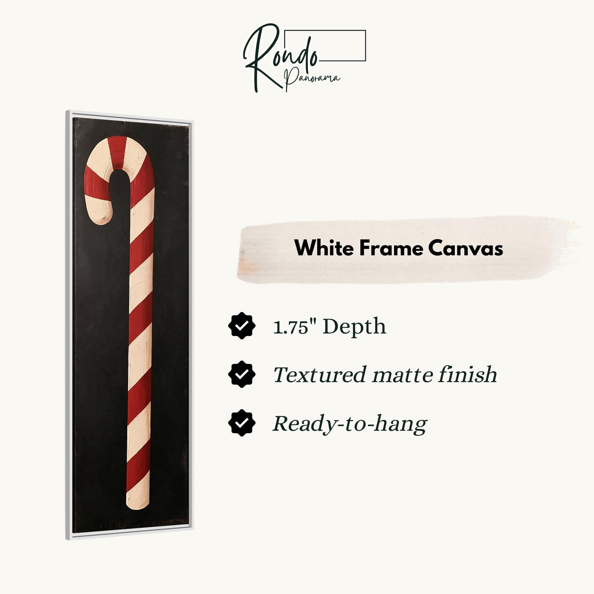 Single candy cane on black canvas print in a white floating frame