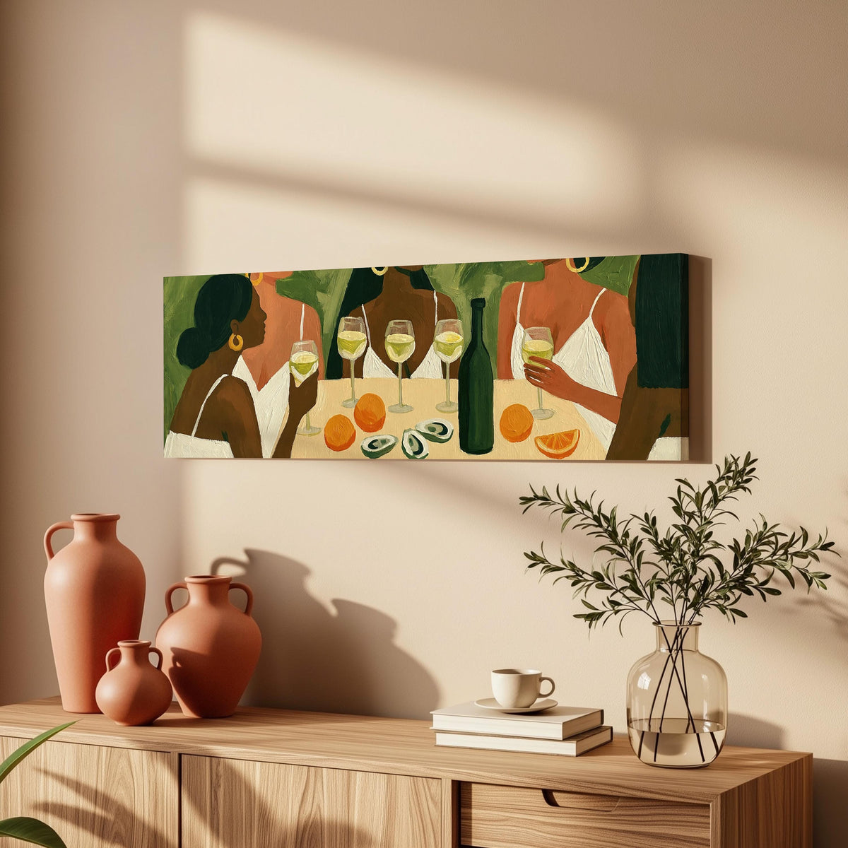 Friends toasting with white wine long horizontal canvas print above a wooden sideboard