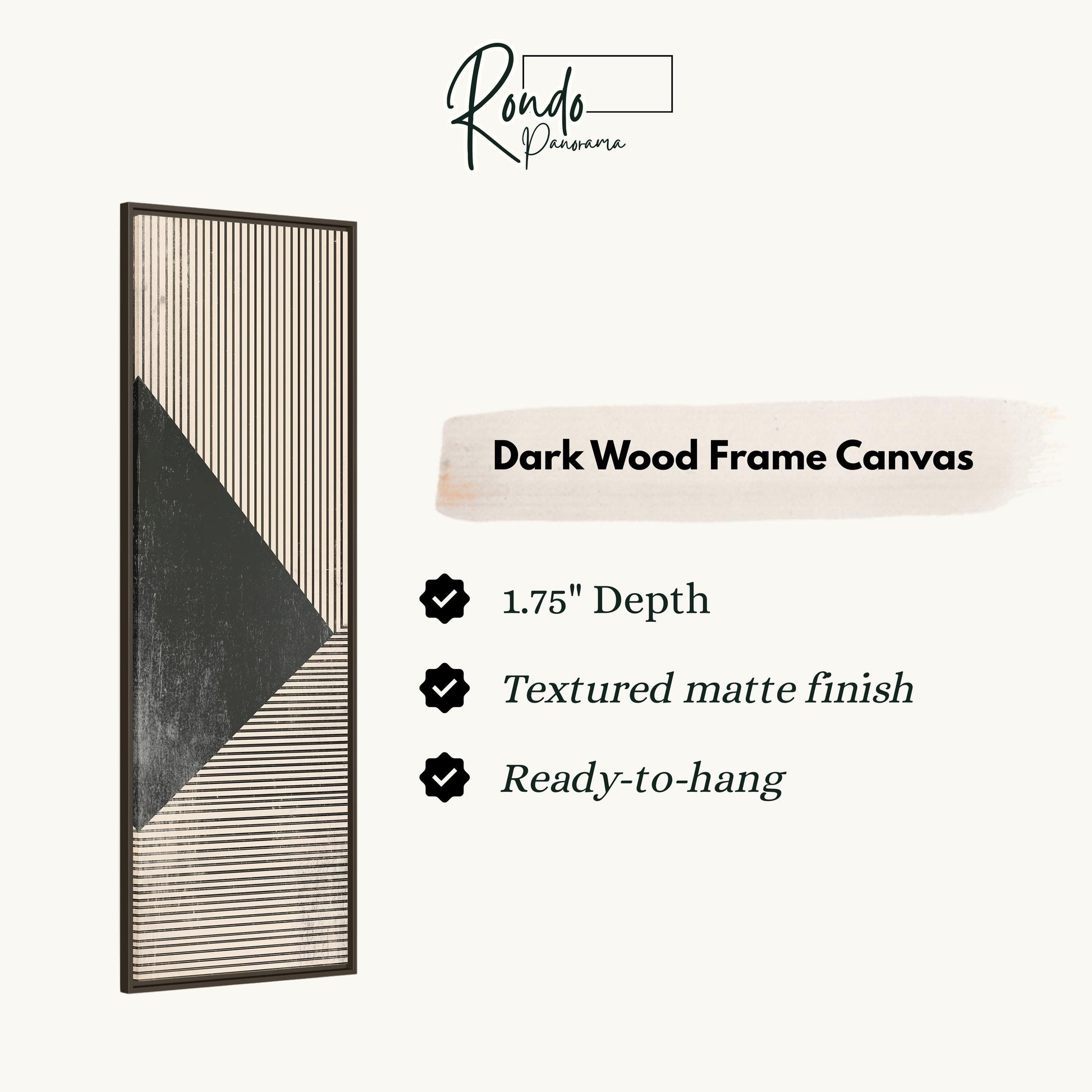 The image is a product description for a dark wood frame canvas. It features a black and white striped design and provides details about the product, including its dimensions, finish, and hanging capabilities.