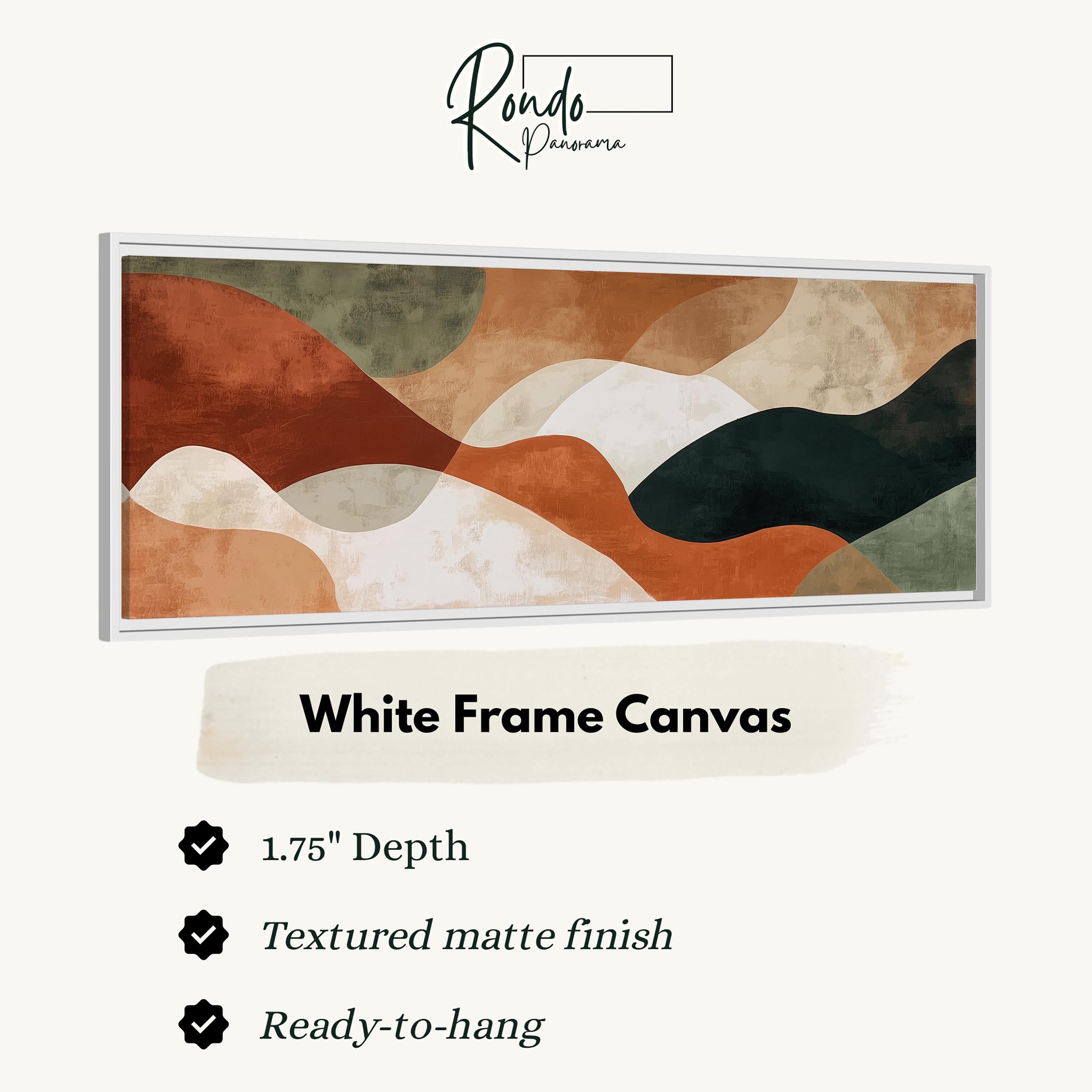 The image is a product description for a white frame canvas. It features a 1.75" depth, a textured matte finish, and is ready-to-hang.