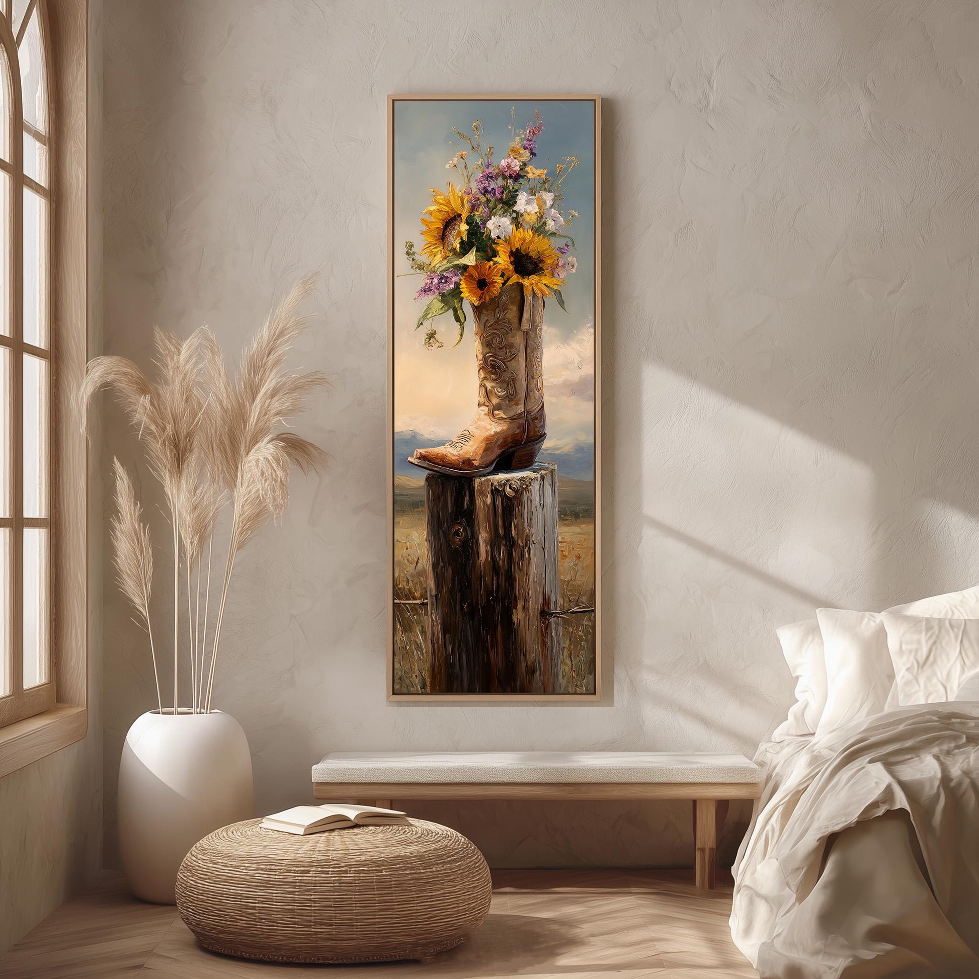 a large painting of a boot on a wooden stump, with a bouquet of flowers inside the boot. The painting is hung on a wall in a room with a bed, a window, and a wicker ottoman.