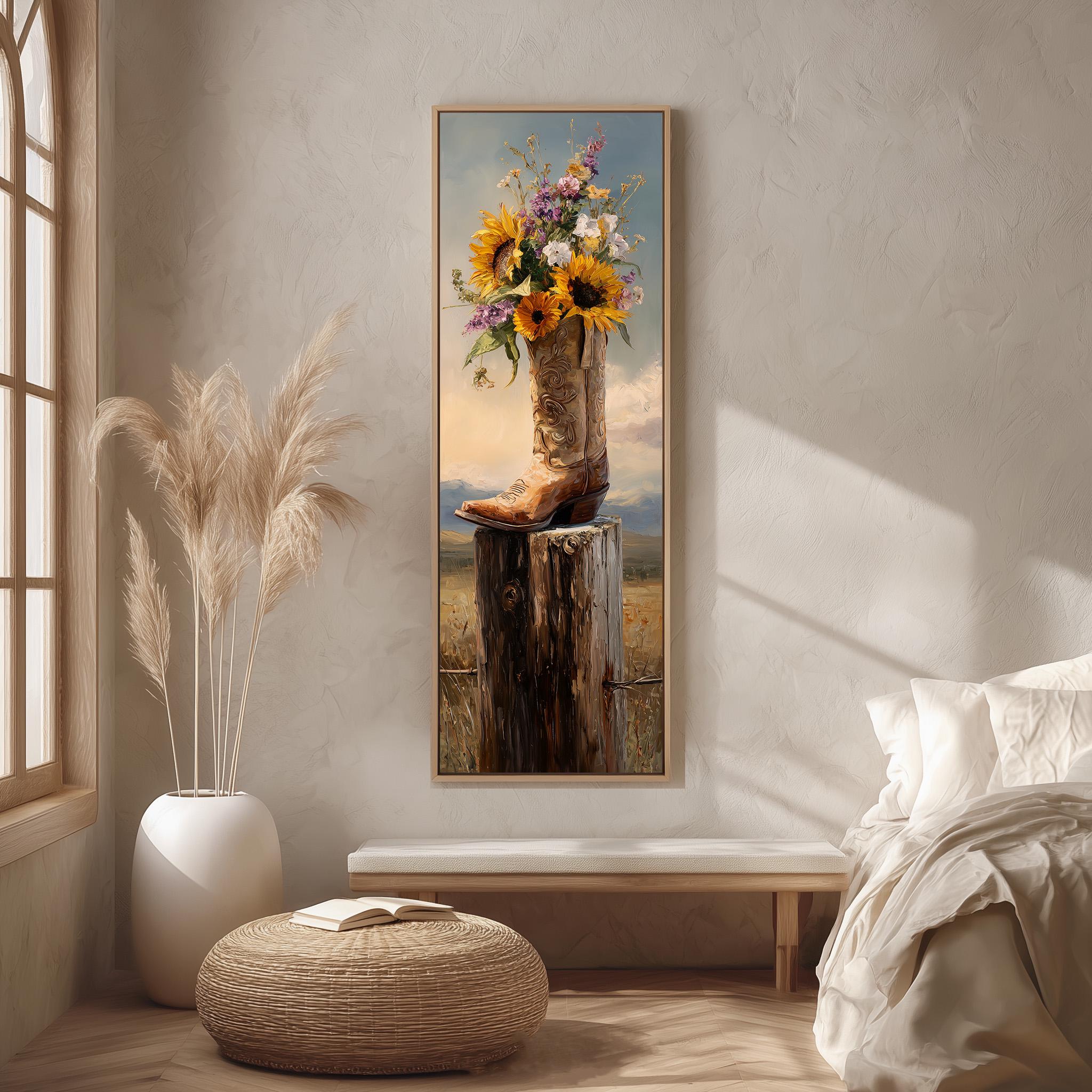 a large painting of a boot on a wooden stump, with a bouquet of flowers inside the boot. The painting is hung on a wall in a room with a bed, a window, and a wicker ottoman.