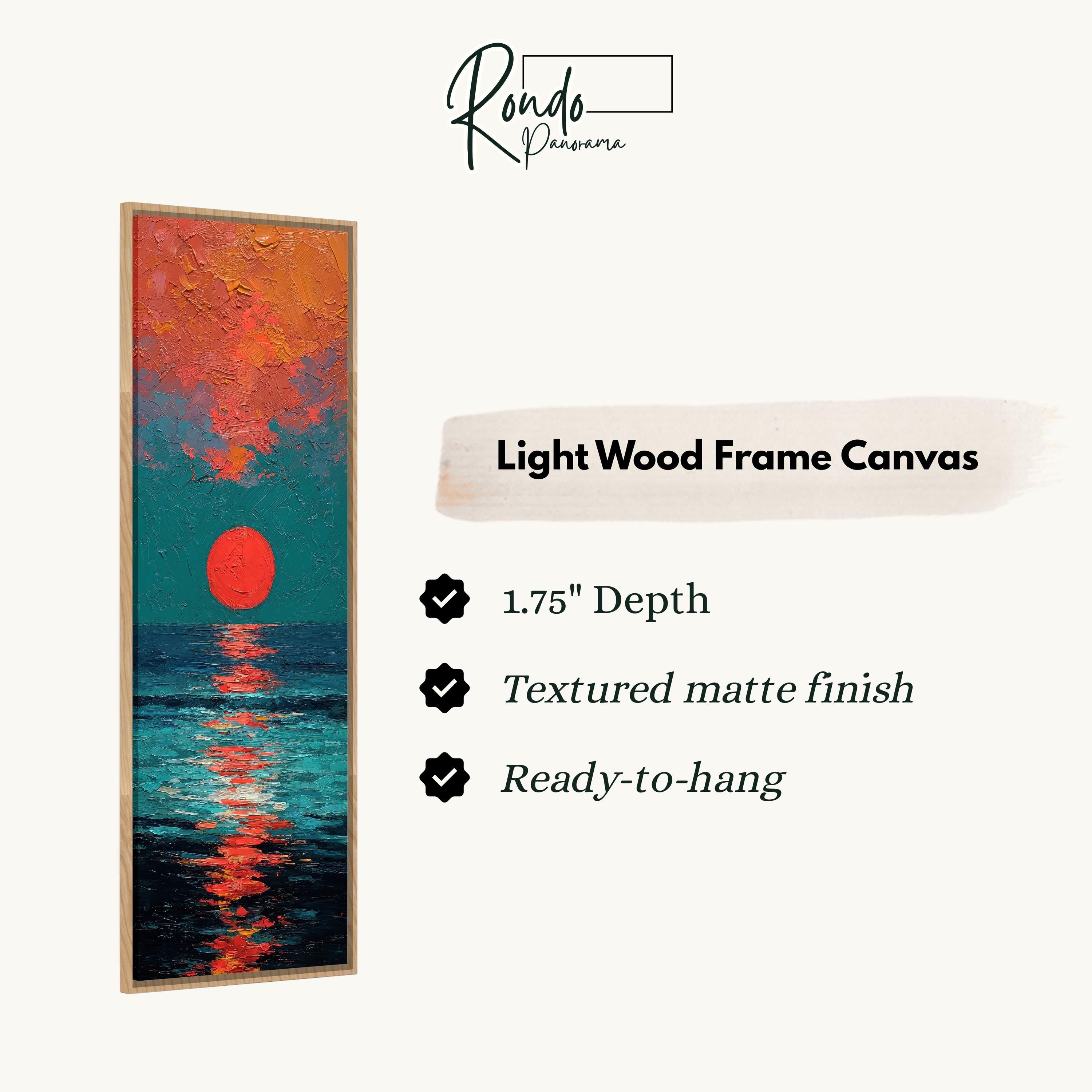 The image is a light wood frame canvas depicting a sunset over the ocean.