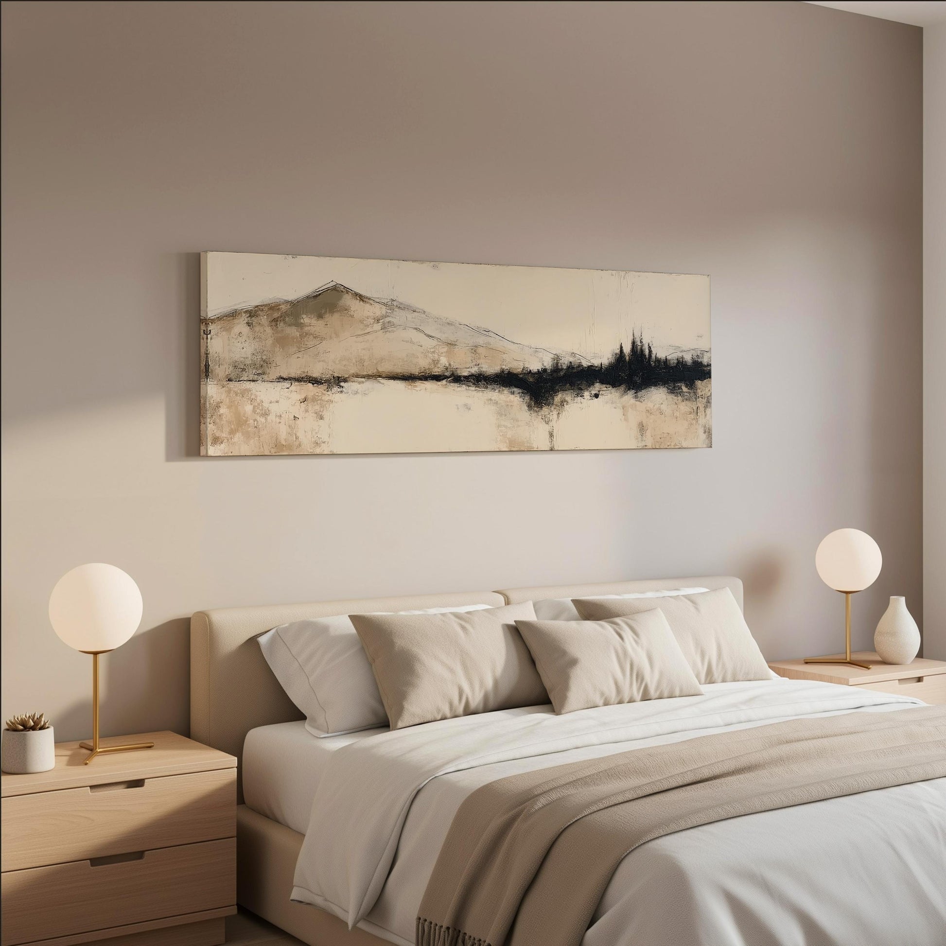 a serene and modern bedroom with a large bed, two nightstands with lamps, and a large abstract painting hanging above the bed.