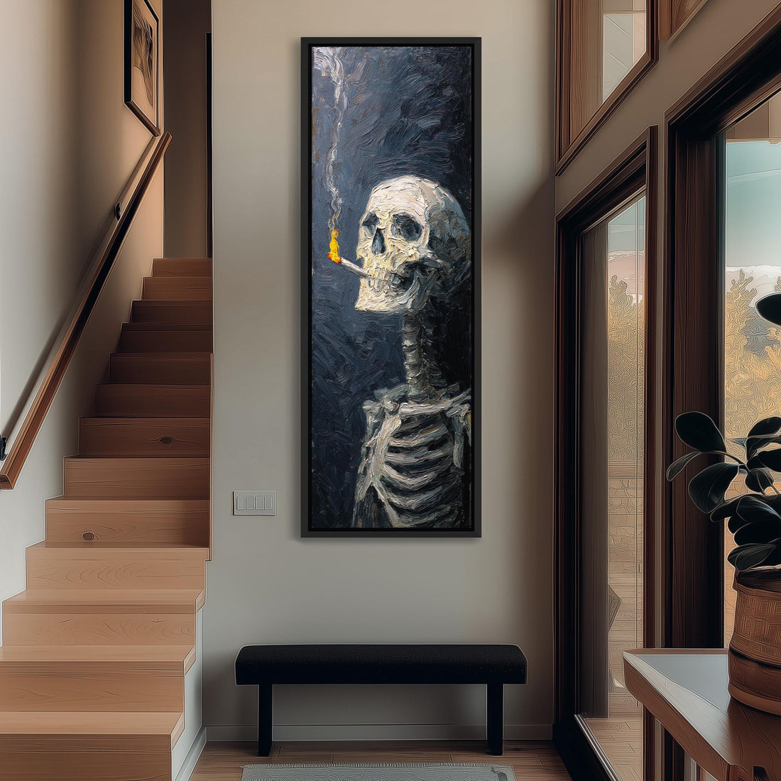 a large painting of a skeleton with a lit cigarette on its face, hanging on the wall in a hallway.