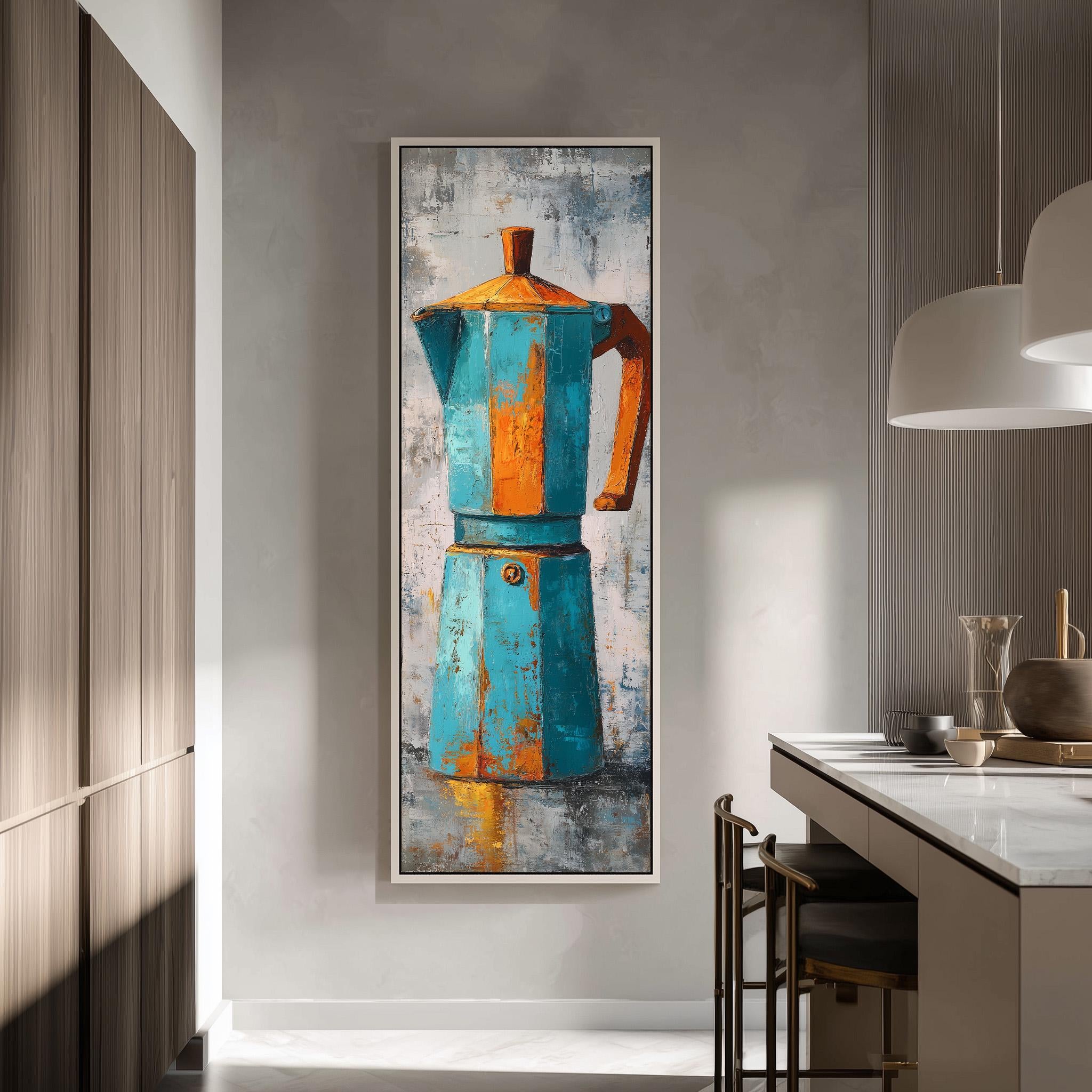 a large, colorful painting of a blue and orange coffee pot hanging on a wall in a modern kitchen.