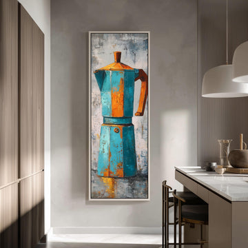 a large, colorful painting of a blue and orange coffee pot hanging on a wall in a modern kitchen.
