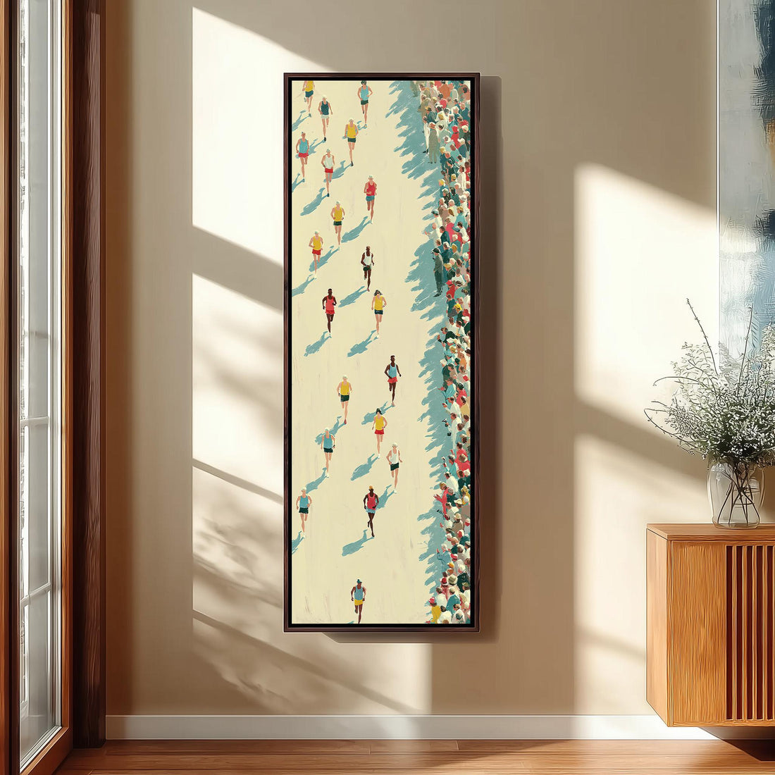 Marathon runners seen from above long vertical canvas print in a sunlit living space