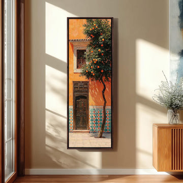 Orange tree beside a carved courtyard door long vertical canvas print in a sunlit living space