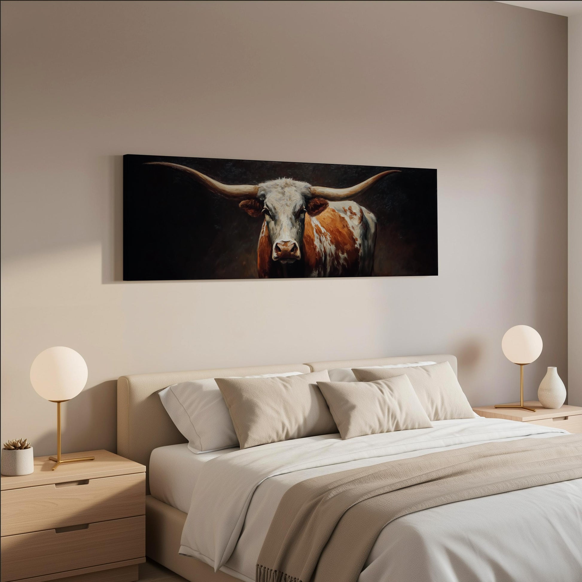 a bedroom with a large bed, two nightstands with lamps, and a painting of a bull's head hanging on the wall above the bed.