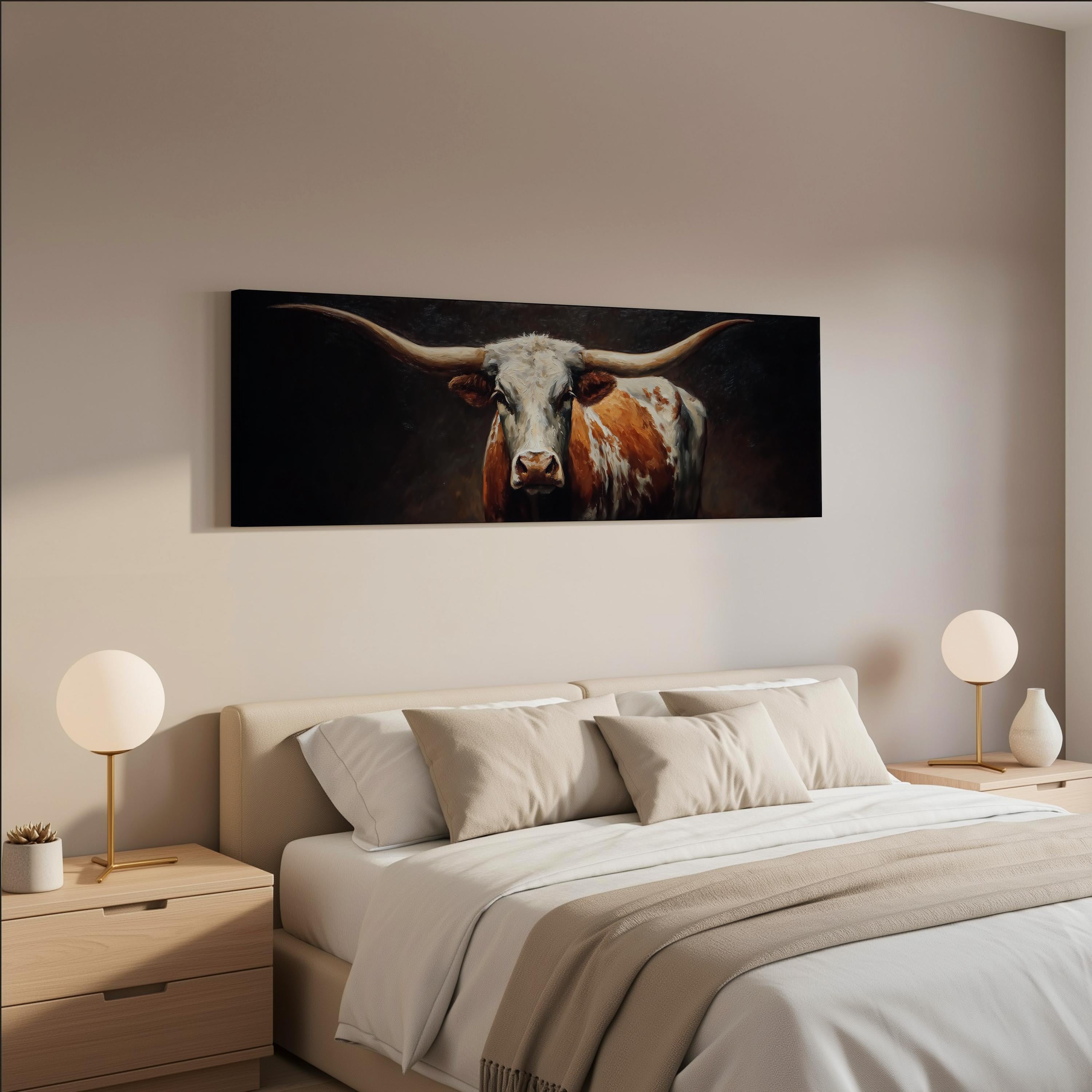 a bedroom with a large bed, two nightstands with lamps, and a painting of a bull's head hanging on the wall above the bed.
