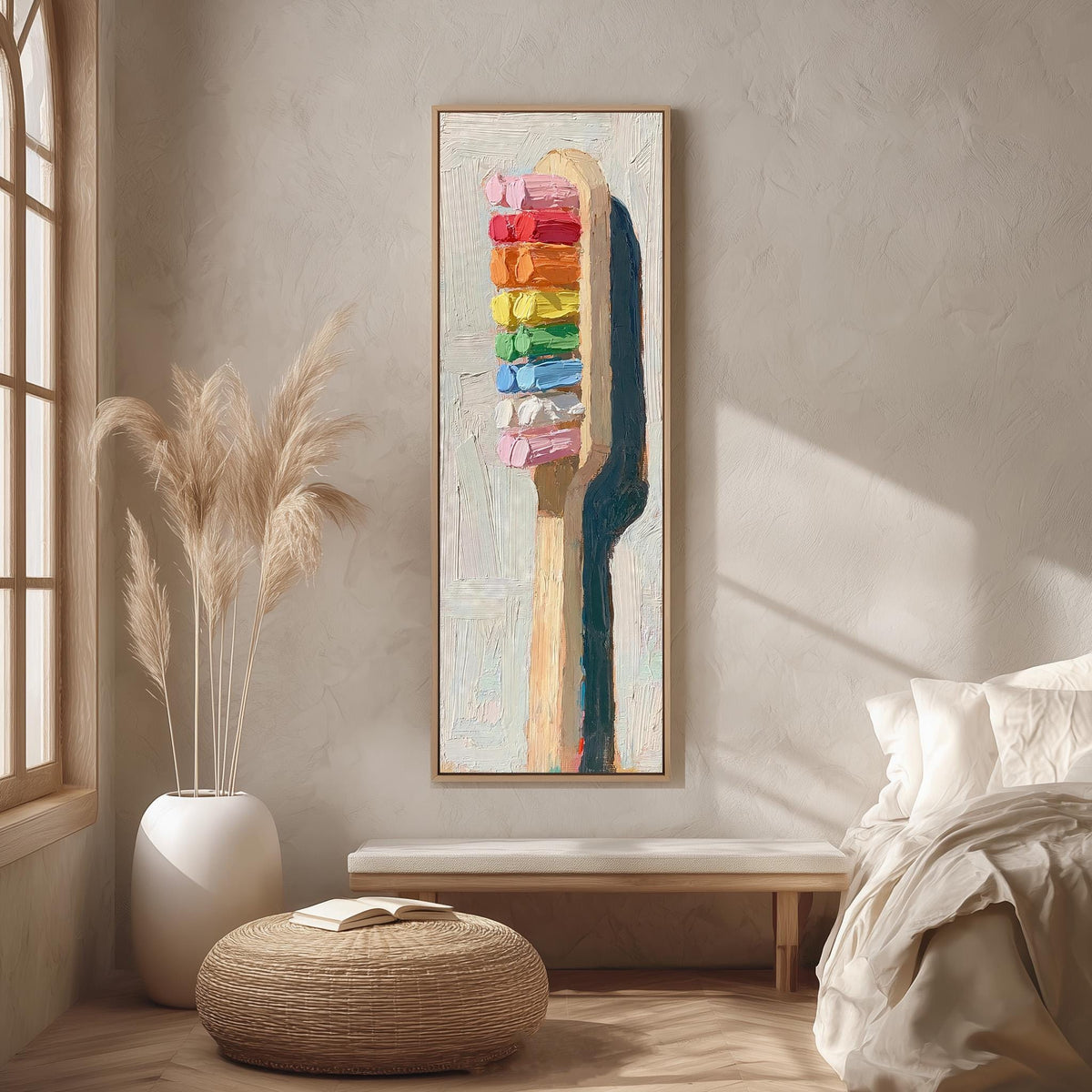 Toothbrush with rainbow toothpaste long vertical canvas print in a bright reading corner