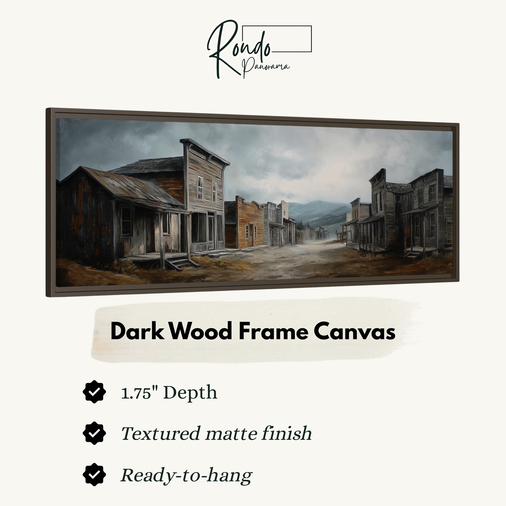 The image is a dark wood frame canvas depicting an old western town with buildings, a dirt road, and a cloudy sky.