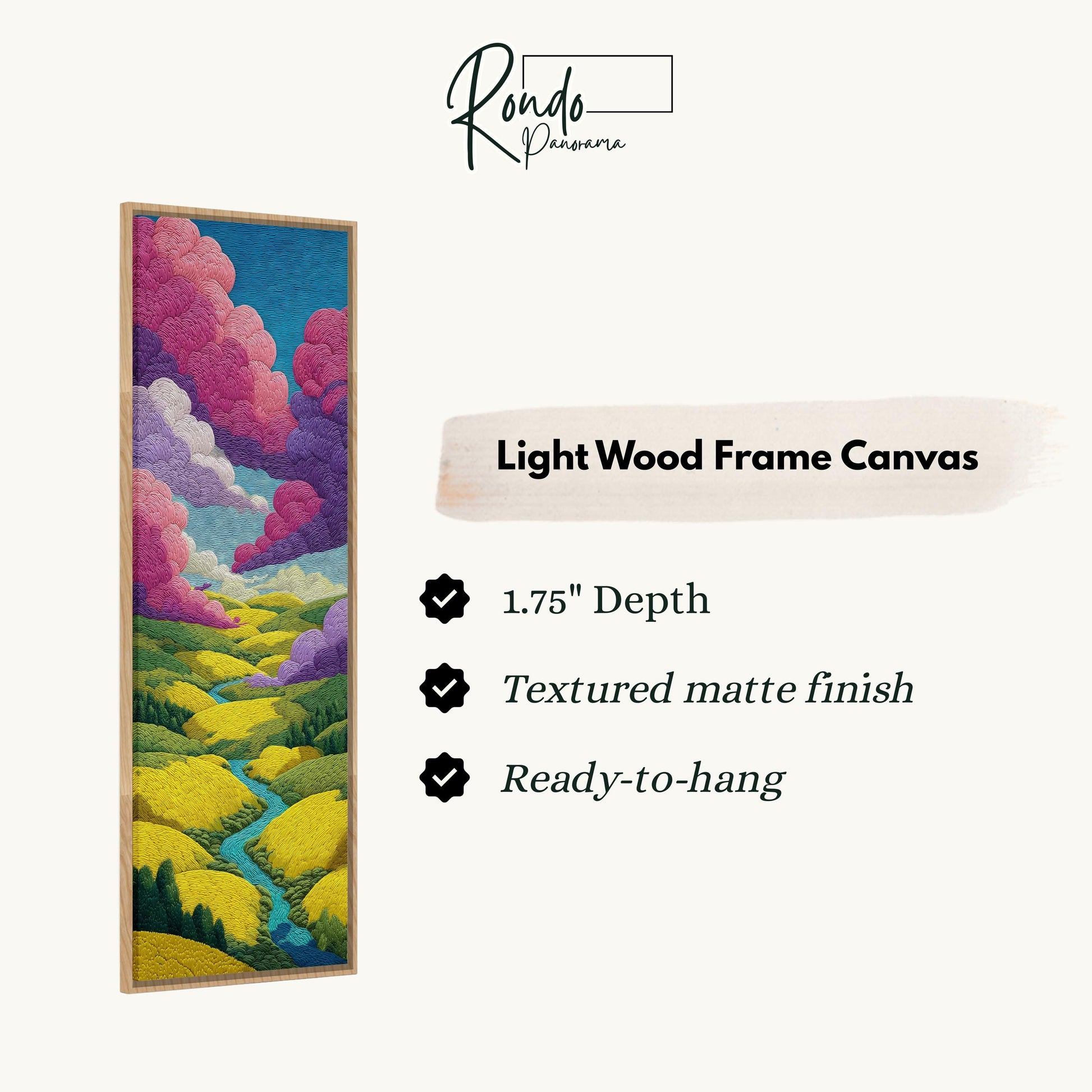 The image is a light wood frame canvas depicting a colorful landscape with a winding river and lush green fields.
